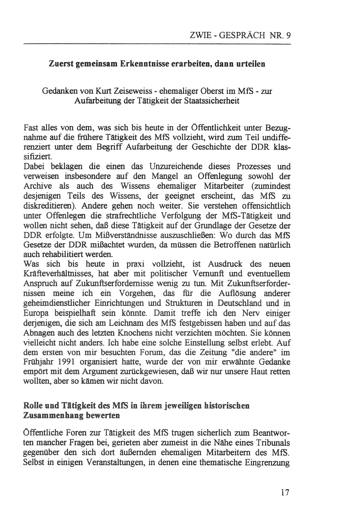 Zwie-Gespräch, Beiträge zur Aufarbeitung der Staatssicherheits-Vergangenheit [Deutsche Demokratische Republik (DDR)], Ausgabe Nr. 9, Berlin 1992, Seite 17 (Zwie-Gespr. Ausg. 9 1992, S. 17)