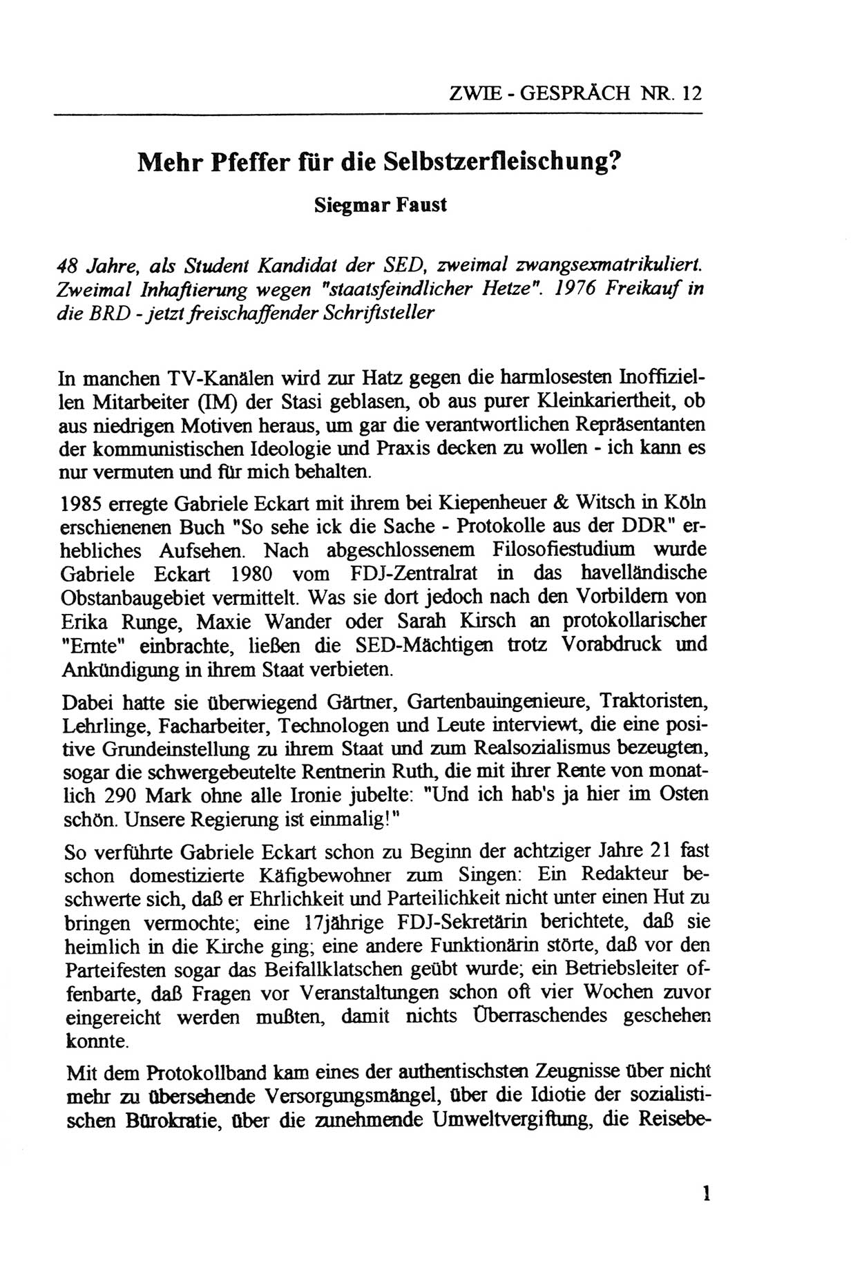 Zwie-Gespräch, Beiträge zur Aufarbeitung der Staatssicherheits-Vergangenheit [Deutsche Demokratische Republik (DDR)], Ausgabe Nr. 12, Berlin 1993, Seite 1 (Zwie-Gespr. Ausg. 12 1993, S. 1)