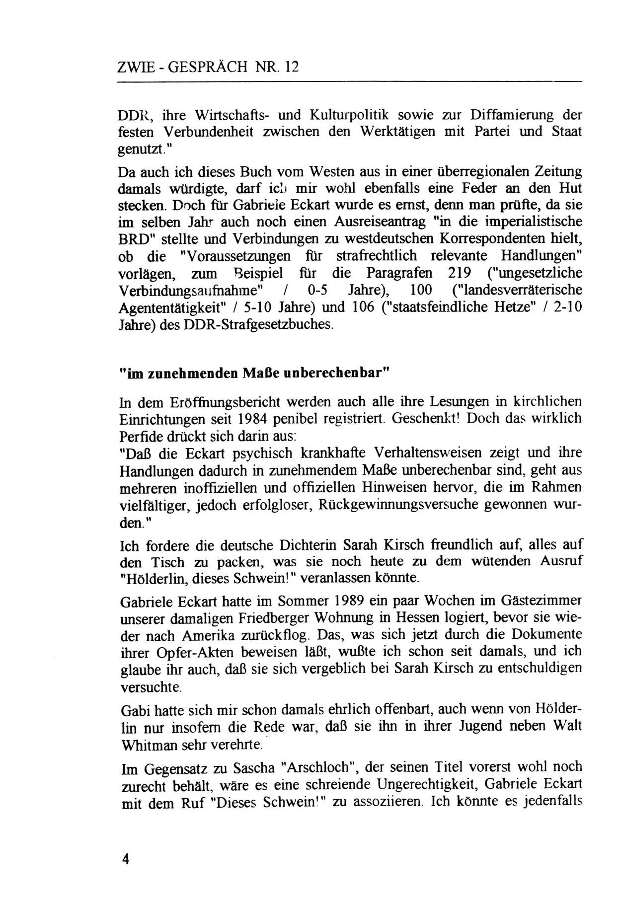 Zwie-Gespräch, Beiträge zur Aufarbeitung der Staatssicherheits-Vergangenheit [Deutsche Demokratische Republik (DDR)], Ausgabe Nr. 12, Berlin 1993, Seite 4 (Zwie-Gespr. Ausg. 12 1993, S. 4)