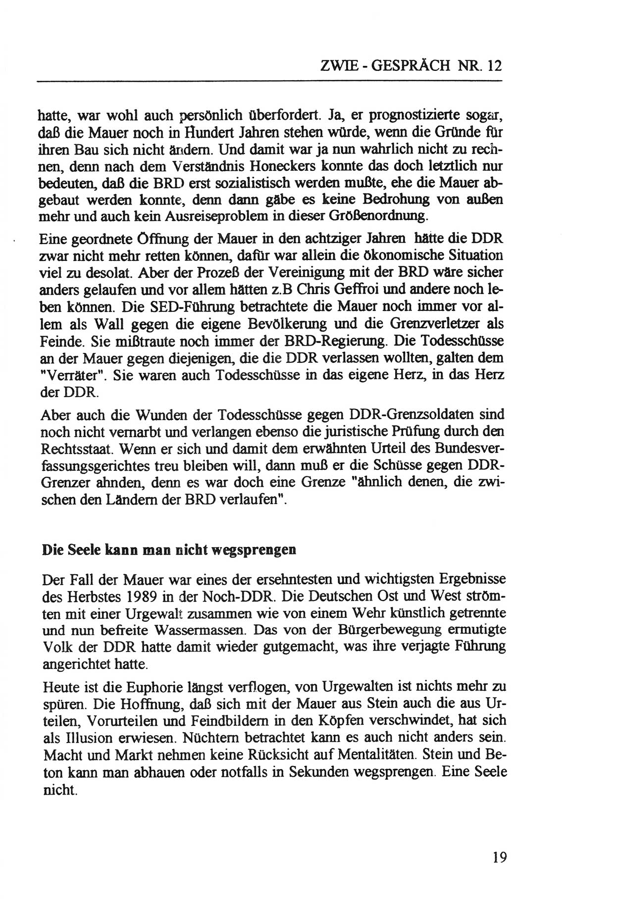 Zwie-Gespräch, Beiträge zur Aufarbeitung der Staatssicherheits-Vergangenheit [Deutsche Demokratische Republik (DDR)], Ausgabe Nr. 12, Berlin 1993, Seite 19 (Zwie-Gespr. Ausg. 12 1993, S. 19)