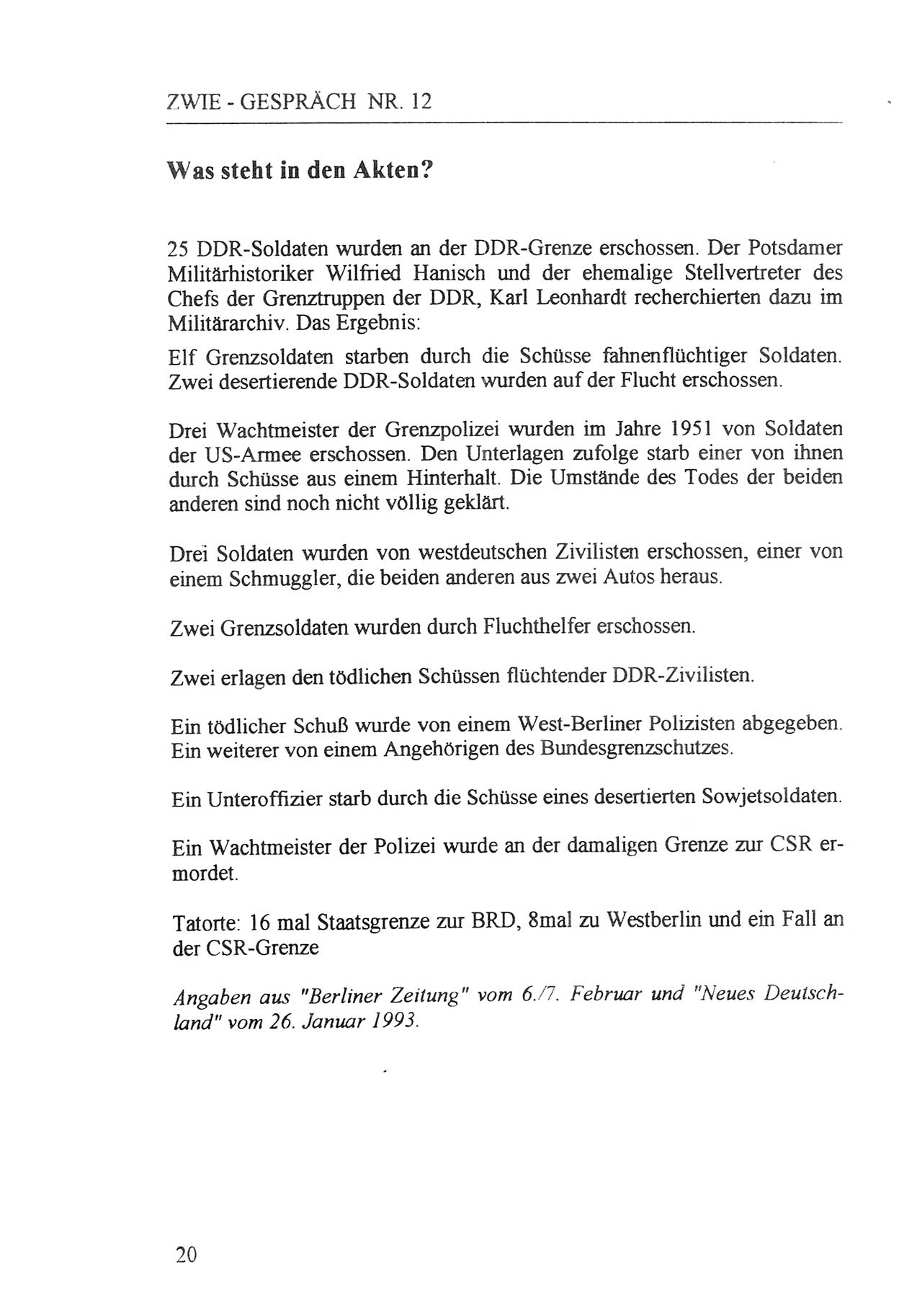 Zwie-Gespräch, Beiträge zur Aufarbeitung der Staatssicherheits-Vergangenheit [Deutsche Demokratische Republik (DDR)], Ausgabe Nr. 12, Berlin 1993, Seite 20 (Zwie-Gespr. Ausg. 12 1993, S. 20)