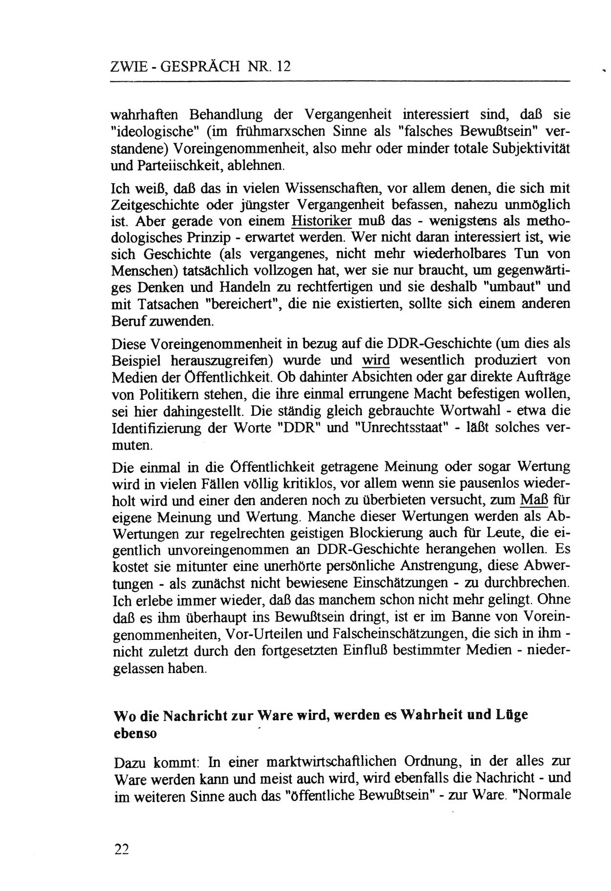 Zwie-Gespräch, Beiträge zur Aufarbeitung der Staatssicherheits-Vergangenheit [Deutsche Demokratische Republik (DDR)], Ausgabe Nr. 12, Berlin 1993, Seite 22 (Zwie-Gespr. Ausg. 12 1993, S. 22)