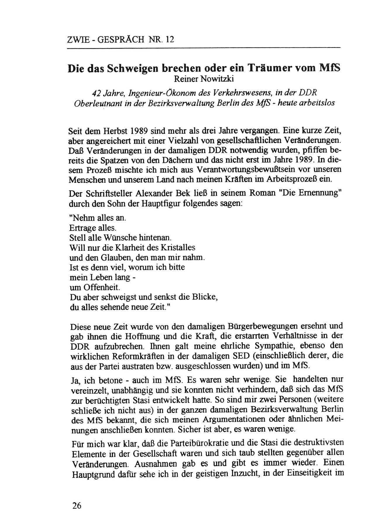Zwie-Gespräch, Beiträge zur Aufarbeitung der Staatssicherheits-Vergangenheit [Deutsche Demokratische Republik (DDR)], Ausgabe Nr. 12, Berlin 1993, Seite 26 (Zwie-Gespr. Ausg. 12 1993, S. 26)
