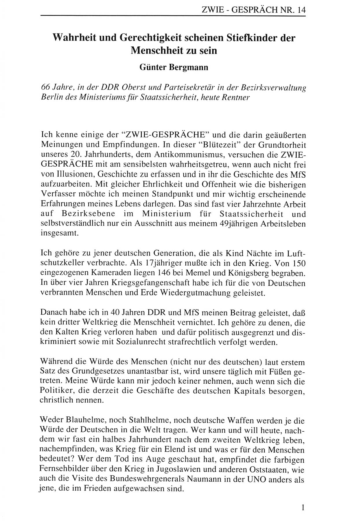 Zwie-Gespräch, Beiträge zur Aufarbeitung der Staatssicherheits-Vergangenheit [Deutsche Demokratische Republik (DDR)], Ausgabe Nr. 14, Berlin 1993, Seite 1 (Zwie-Gespr. Ausg. 14 1993, S. 1)