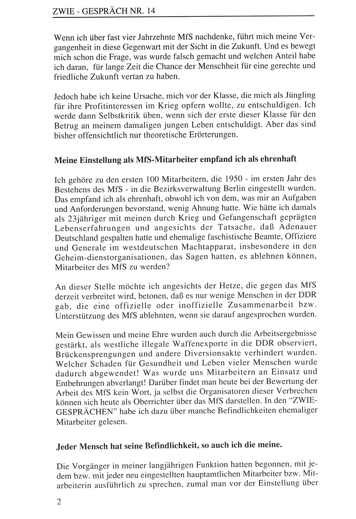 Zwie-Gespräch, Beiträge zur Aufarbeitung der Staatssicherheits-Vergangenheit [Deutsche Demokratische Republik (DDR)], Ausgabe Nr. 14, Berlin 1993, Seite 2 (Zwie-Gespr. Ausg. 14 1993, S. 2)