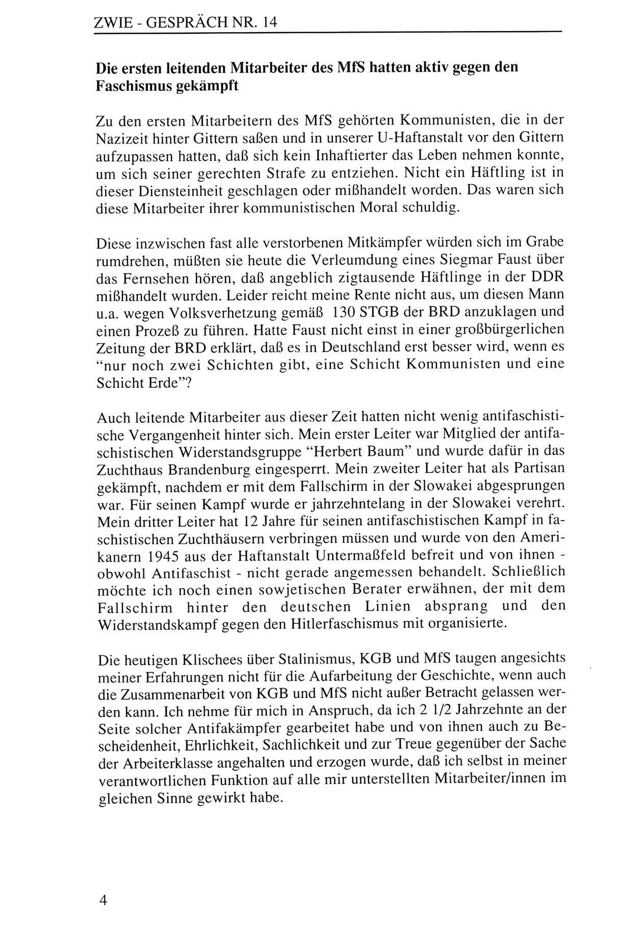Zwie-Gespräch, Beiträge zur Aufarbeitung der Staatssicherheits-Vergangenheit [Deutsche Demokratische Republik (DDR)], Ausgabe Nr. 14, Berlin 1993, Seite 4 (Zwie-Gespr. Ausg. 14 1993, S. 4)