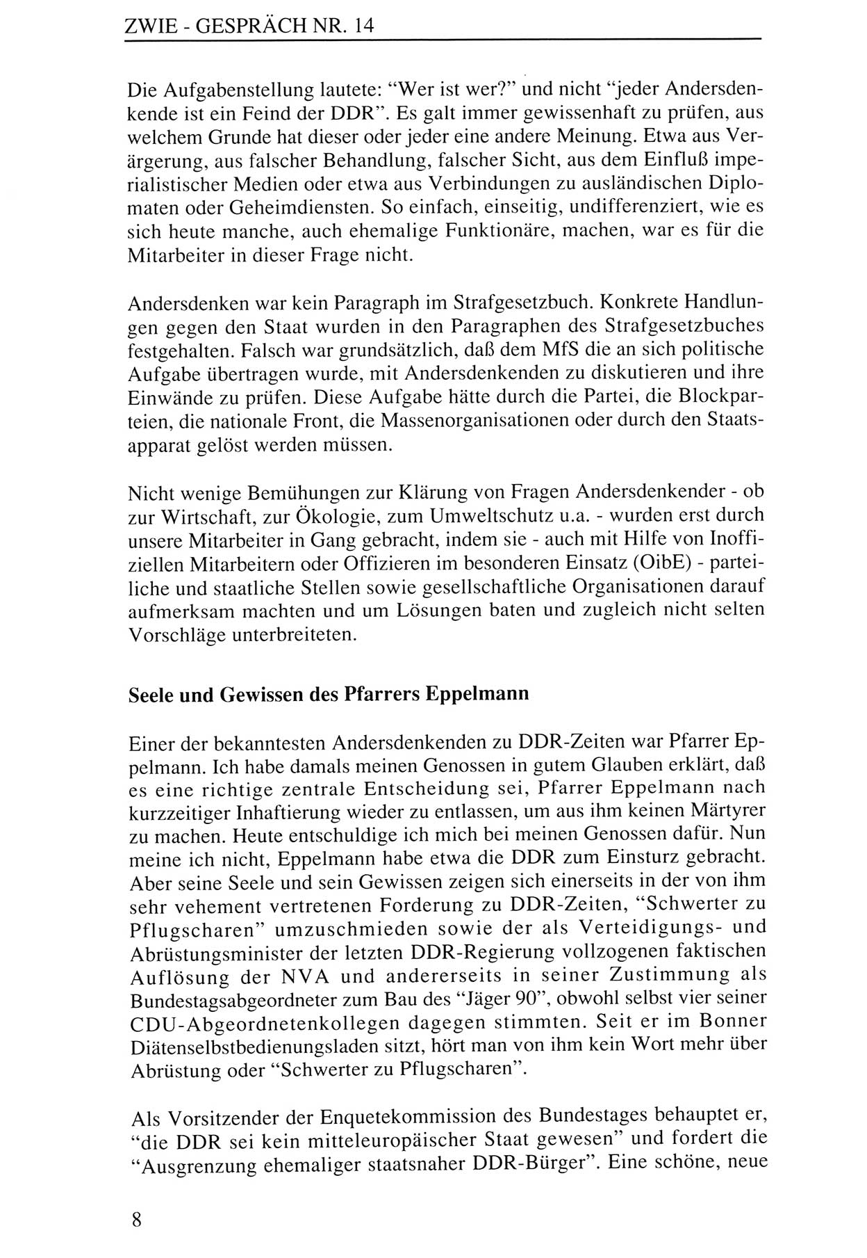 Zwie-Gespräch, Beiträge zur Aufarbeitung der Staatssicherheits-Vergangenheit [Deutsche Demokratische Republik (DDR)], Ausgabe Nr. 14, Berlin 1993, Seite 8 (Zwie-Gespr. Ausg. 14 1993, S. 8)