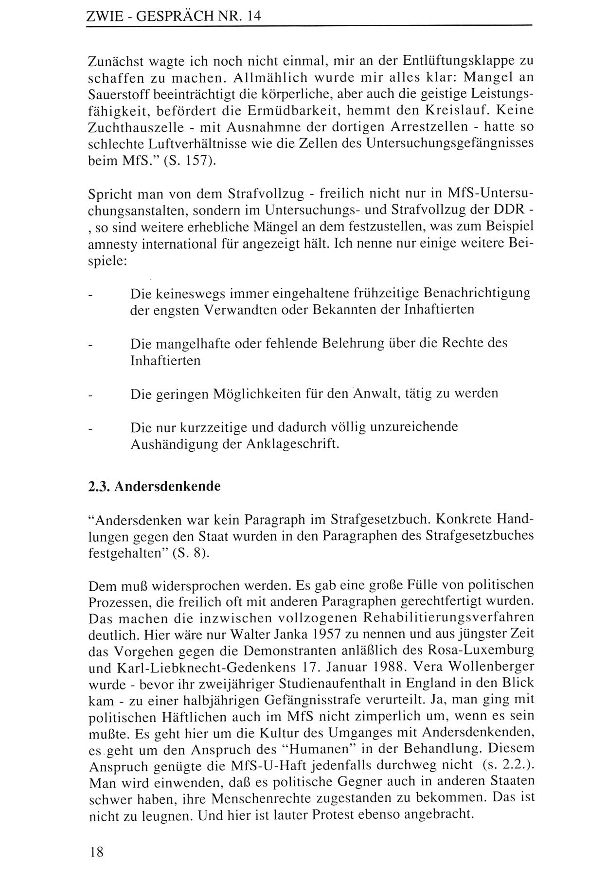 Zwie-GesprÃ¤ch, BeitrÃ¤ge zur Aufarbeitung der Staatssicherheits-Vergangenheit [Deutsche Demokratische Republik (DDR)], Ausgabe Nr. 14, Berlin 1993, Seite 18 (Zwie-Gespr. Ausg. 14 1993, S. 18)