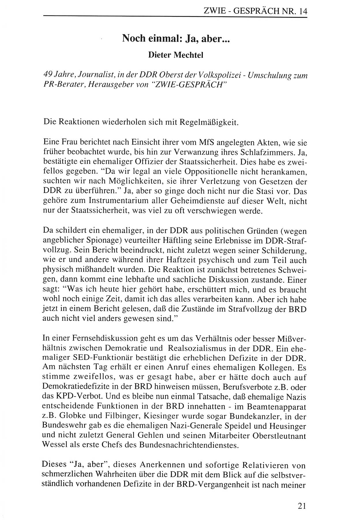 Zwie-Gespräch, Beiträge zur Aufarbeitung der Staatssicherheits-Vergangenheit [Deutsche Demokratische Republik (DDR)], Ausgabe Nr. 14, Berlin 1993, Seite 21 (Zwie-Gespr. Ausg. 14 1993, S. 21)