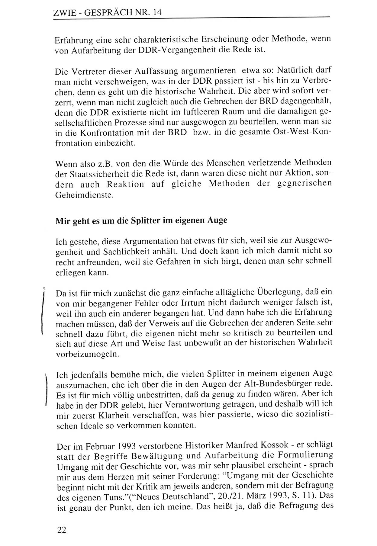 Zwie-Gespräch, Beiträge zur Aufarbeitung der Staatssicherheits-Vergangenheit [Deutsche Demokratische Republik (DDR)], Ausgabe Nr. 14, Berlin 1993, Seite 22 (Zwie-Gespr. Ausg. 14 1993, S. 22)