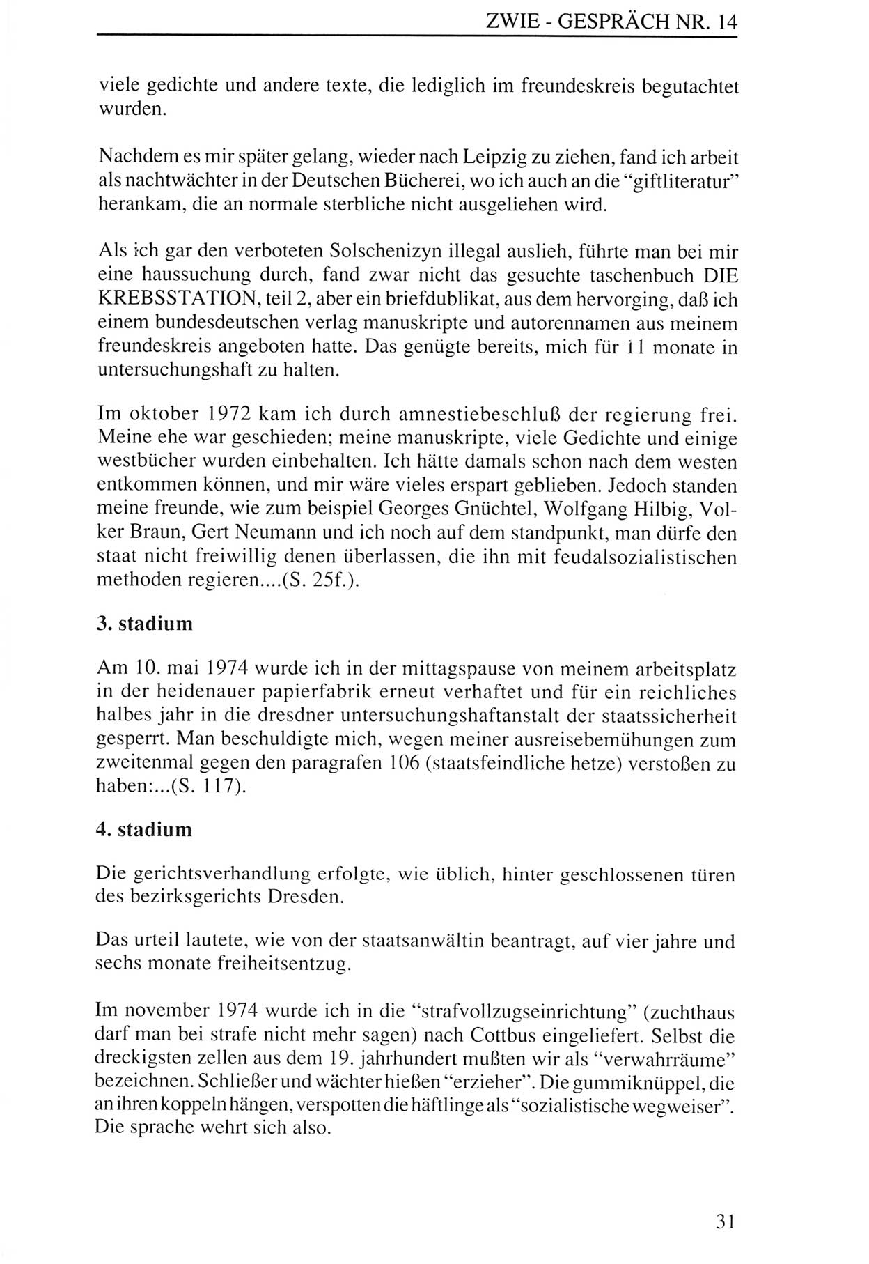 Zwie-Gespräch, Beiträge zur Aufarbeitung der Staatssicherheits-Vergangenheit [Deutsche Demokratische Republik (DDR)], Ausgabe Nr. 14, Berlin 1993, Seite 31 (Zwie-Gespr. Ausg. 14 1993, S. 31)