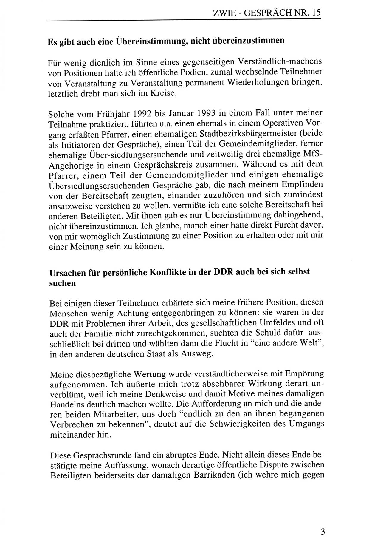 Zwie-Gespräch, Beiträge zur Aufarbeitung der Staatssicherheits-Vergangenheit [Deutsche Demokratische Republik (DDR)], Ausgabe Nr. 15, Berlin 1993, Seite 3 (Zwie-Gespr. Ausg. 15 1993, S. 3)
