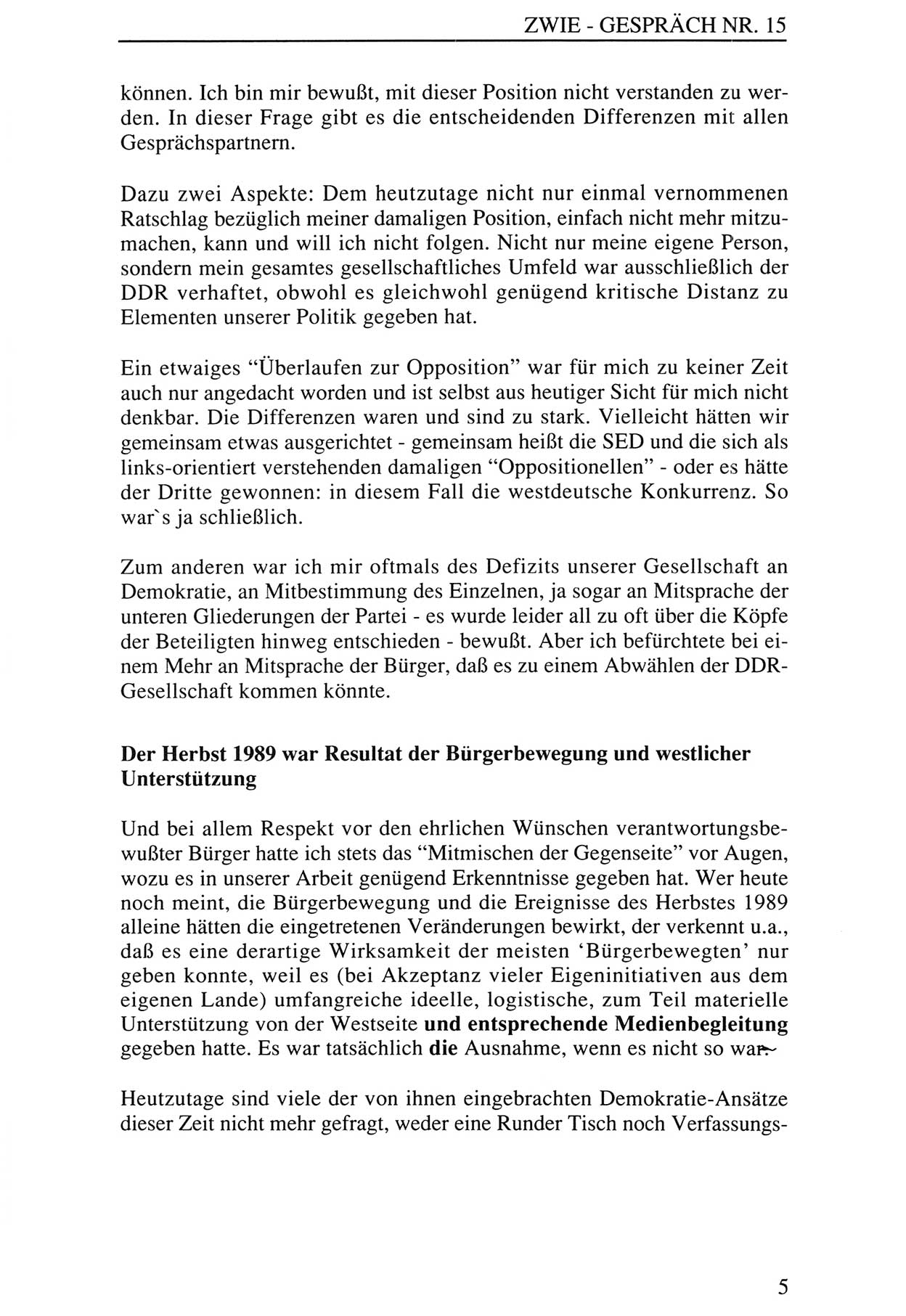 Zwie-GesprÃ¤ch, BeitrÃ¤ge zur Aufarbeitung der Staatssicherheits-Vergangenheit [Deutsche Demokratische Republik (DDR)], Ausgabe Nr. 15, Berlin 1993, Seite 5 (Zwie-Gespr. Ausg. 15 1993, S. 5)