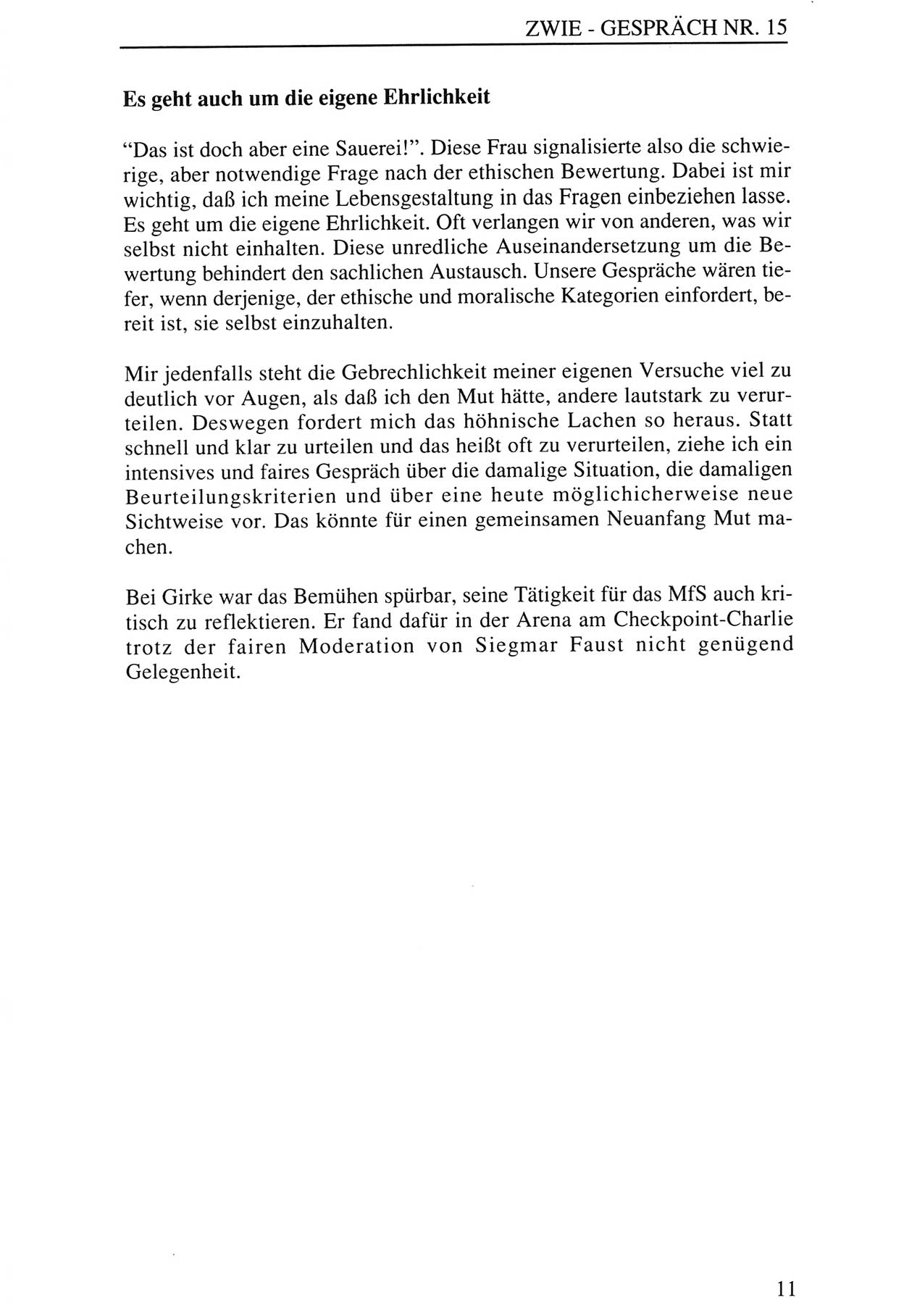 Zwie-Gespräch, Beiträge zur Aufarbeitung der Staatssicherheits-Vergangenheit [Deutsche Demokratische Republik (DDR)], Ausgabe Nr. 15, Berlin 1993, Seite 11 (Zwie-Gespr. Ausg. 15 1993, S. 11)