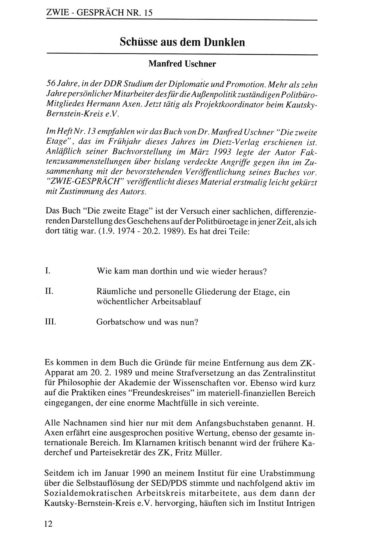 Zwie-Gespräch, Beiträge zur Aufarbeitung der Staatssicherheits-Vergangenheit [Deutsche Demokratische Republik (DDR)], Ausgabe Nr. 15, Berlin 1993, Seite 12 (Zwie-Gespr. Ausg. 15 1993, S. 12)