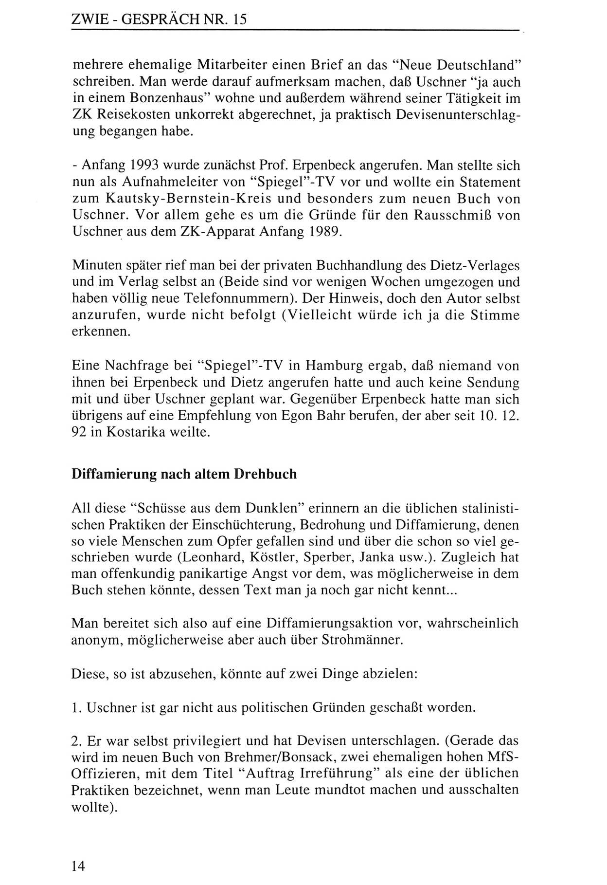Zwie-Gespräch, Beiträge zur Aufarbeitung der Staatssicherheits-Vergangenheit [Deutsche Demokratische Republik (DDR)], Ausgabe Nr. 15, Berlin 1993, Seite 14 (Zwie-Gespr. Ausg. 15 1993, S. 14)