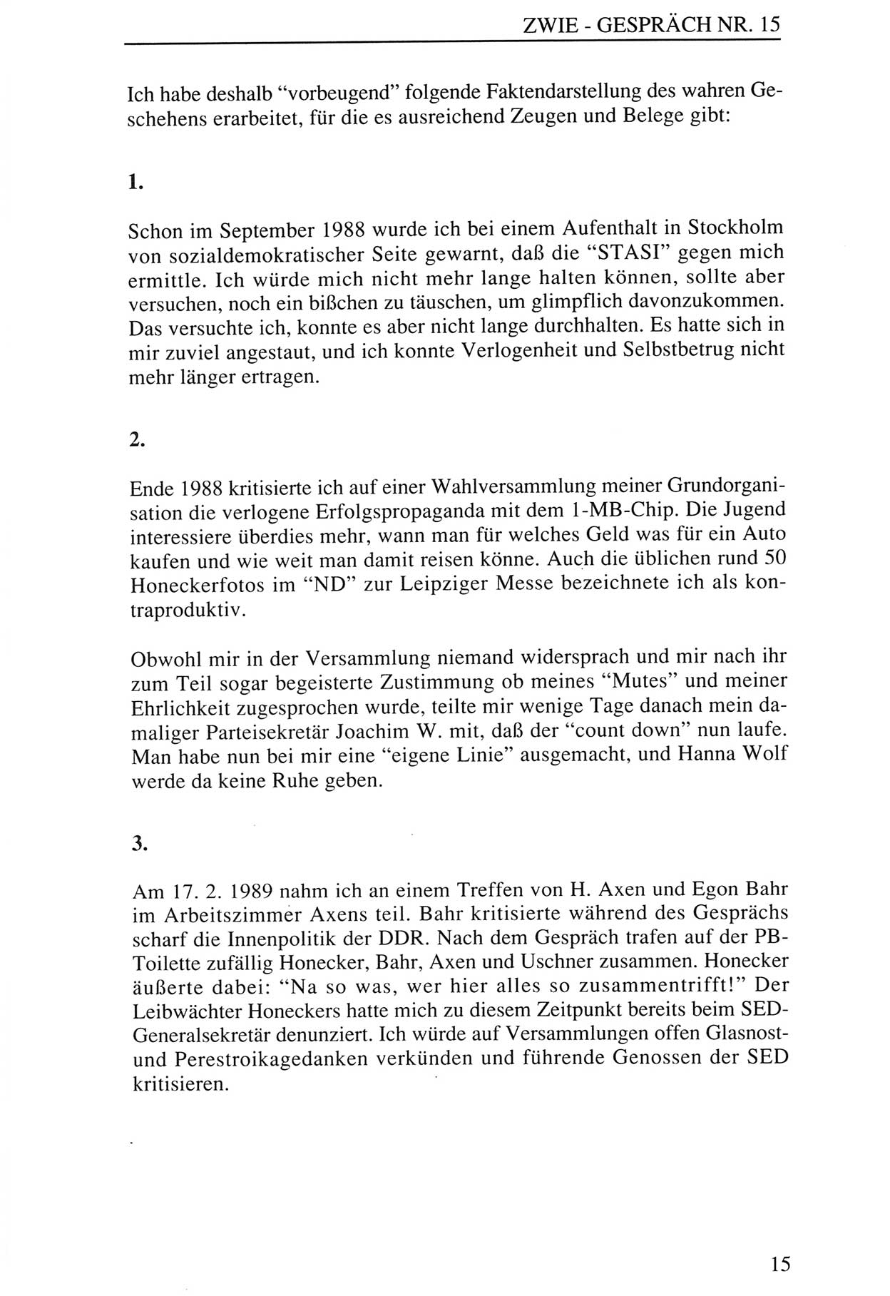 Zwie-Gespräch, Beiträge zur Aufarbeitung der Staatssicherheits-Vergangenheit [Deutsche Demokratische Republik (DDR)], Ausgabe Nr. 15, Berlin 1993, Seite 15 (Zwie-Gespr. Ausg. 15 1993, S. 15)