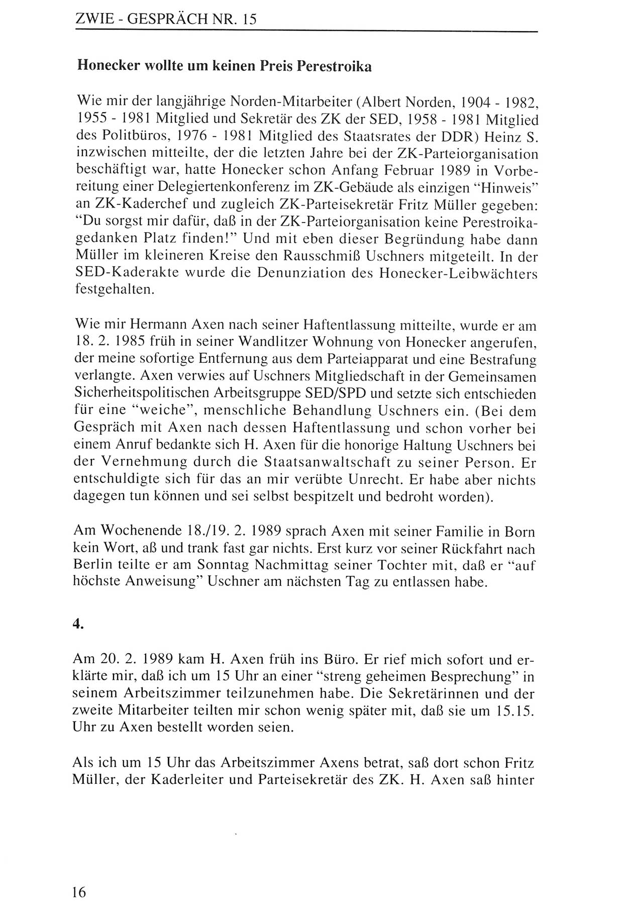 Zwie-Gespräch, Beiträge zur Aufarbeitung der Staatssicherheits-Vergangenheit [Deutsche Demokratische Republik (DDR)], Ausgabe Nr. 15, Berlin 1993, Seite 16 (Zwie-Gespr. Ausg. 15 1993, S. 16)