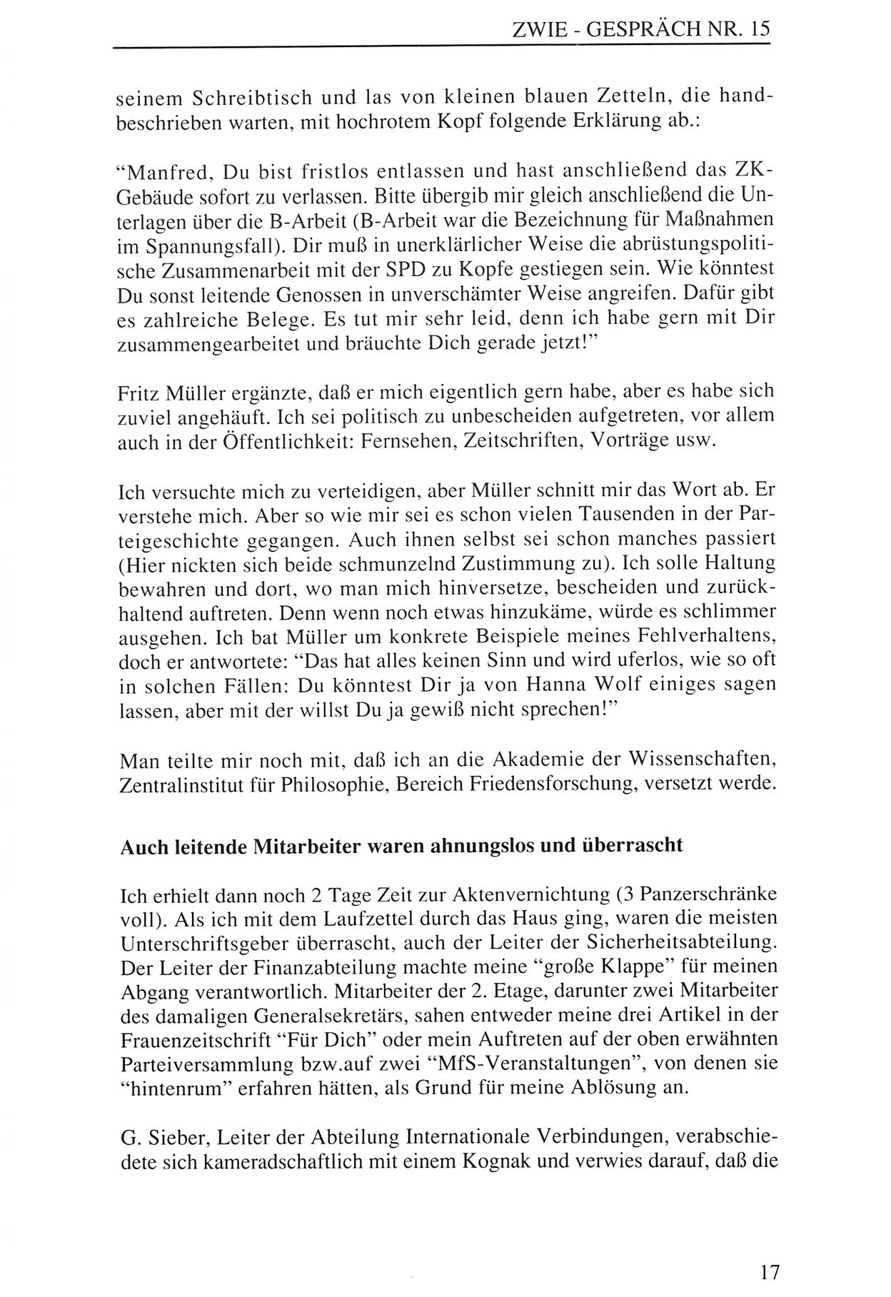 Zwie-Gespräch, Beiträge zur Aufarbeitung der Staatssicherheits-Vergangenheit [Deutsche Demokratische Republik (DDR)], Ausgabe Nr. 15, Berlin 1993, Seite 17 (Zwie-Gespr. Ausg. 15 1993, S. 17)