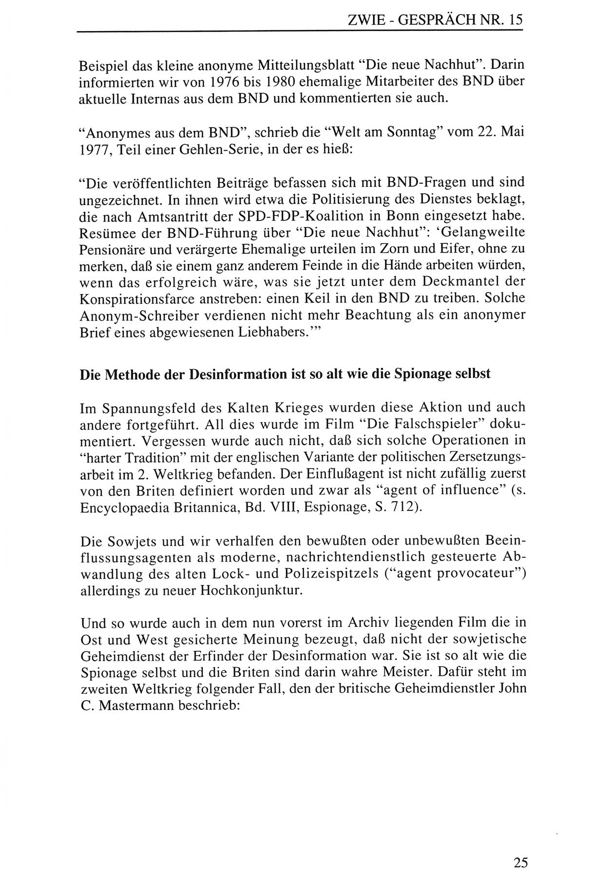 Zwie-Gespräch, Beiträge zur Aufarbeitung der Staatssicherheits-Vergangenheit [Deutsche Demokratische Republik (DDR)], Ausgabe Nr. 15, Berlin 1993, Seite 25 (Zwie-Gespr. Ausg. 15 1993, S. 25)