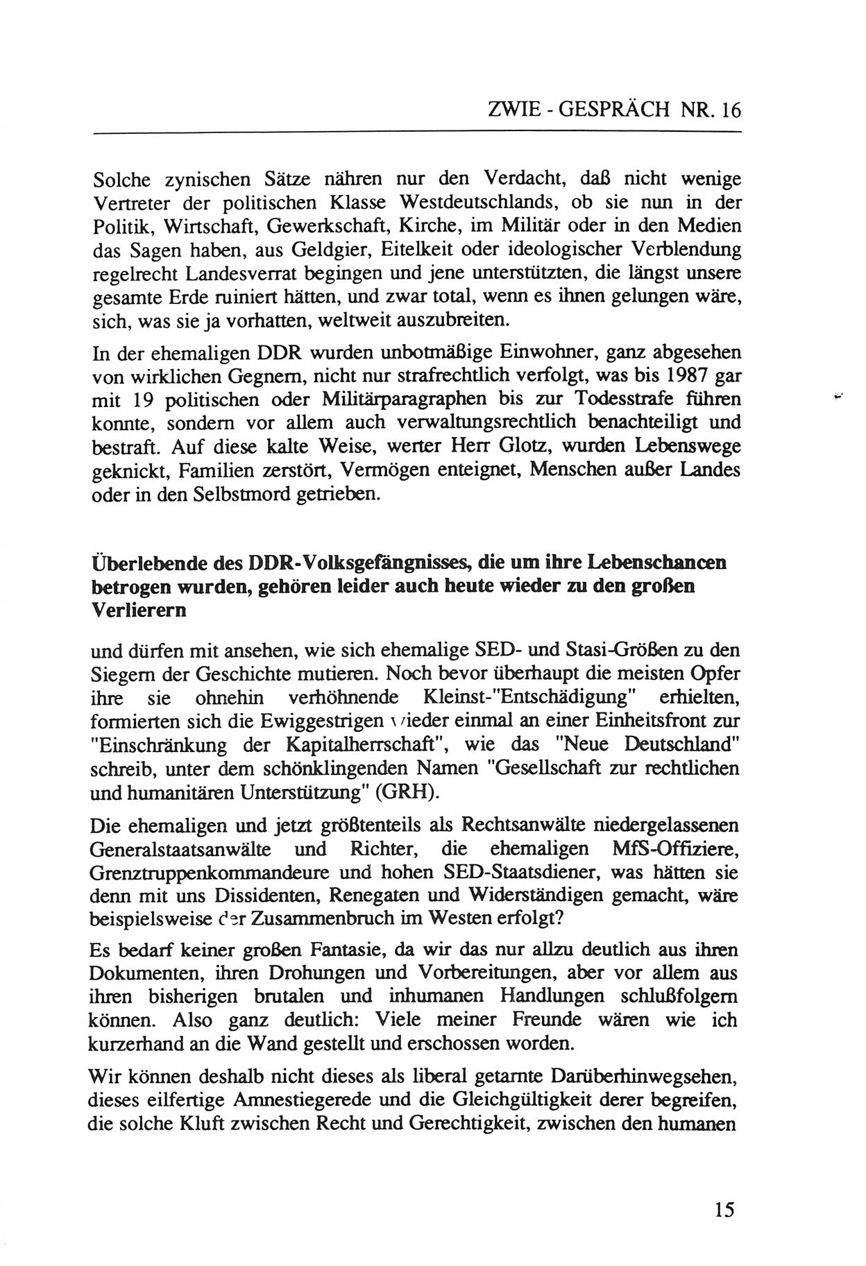 Zwie-Gespräch, Beiträge zur Aufarbeitung der Staatssicherheits-Vergangenheit [Deutsche Demokratische Republik (DDR)], Ausgabe Nr. 16, Berlin 1993, Seite 15 (Zwie-Gespr. Ausg. 16 1993, S. 15)