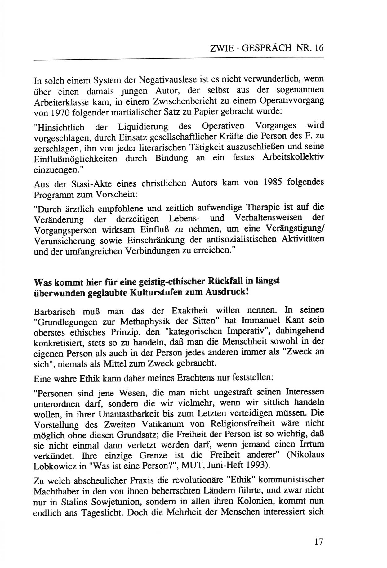 Zwie-Gespräch, Beiträge zur Aufarbeitung der Staatssicherheits-Vergangenheit [Deutsche Demokratische Republik (DDR)], Ausgabe Nr. 16, Berlin 1993, Seite 17 (Zwie-Gespr. Ausg. 16 1993, S. 17)