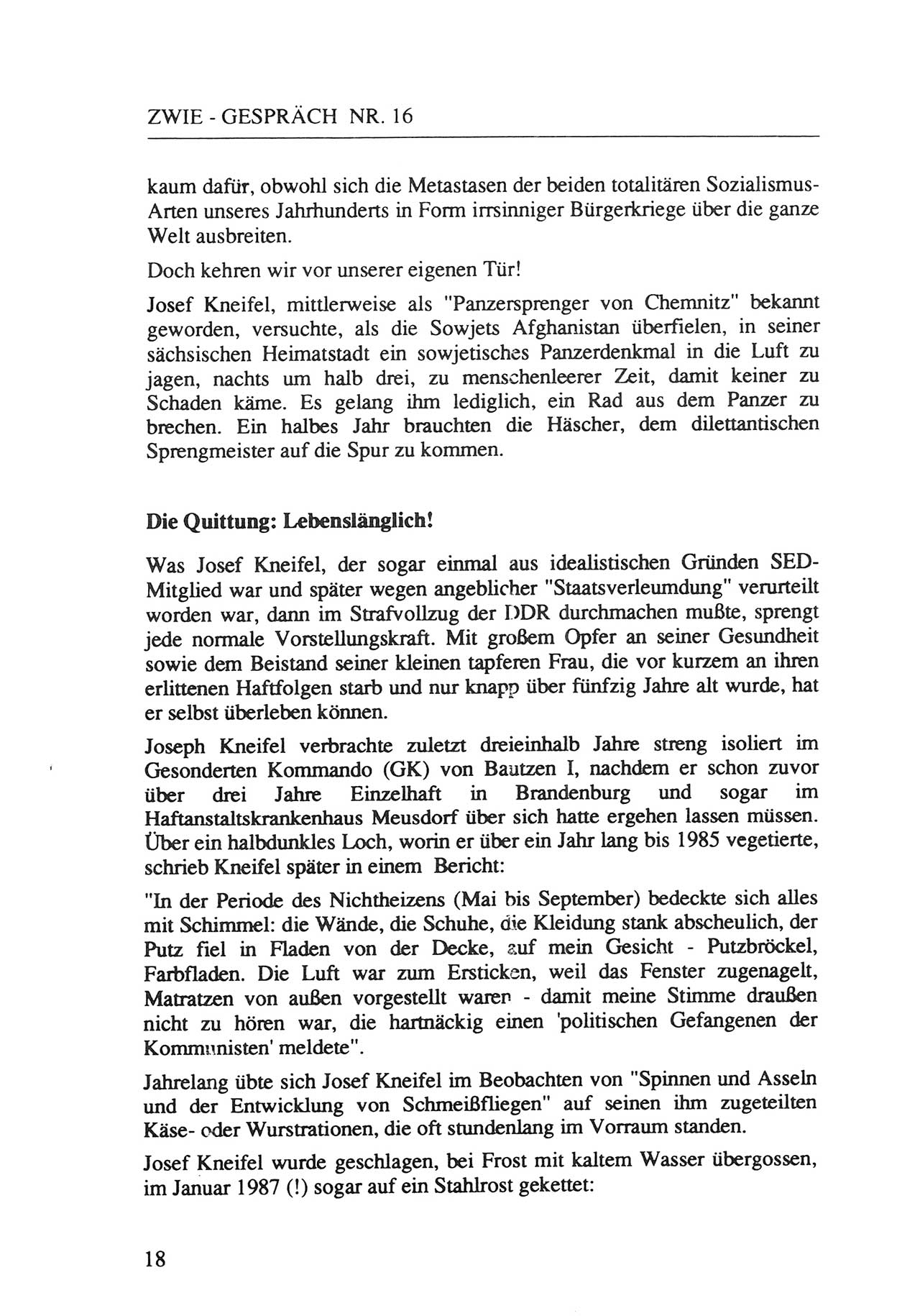 Zwie-Gespräch, Beiträge zur Aufarbeitung der Staatssicherheits-Vergangenheit [Deutsche Demokratische Republik (DDR)], Ausgabe Nr. 16, Berlin 1993, Seite 18 (Zwie-Gespr. Ausg. 16 1993, S. 18)