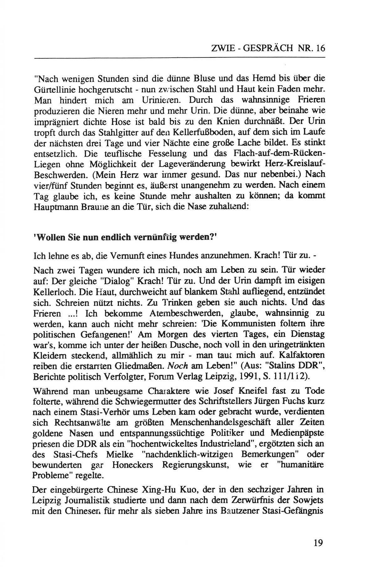 Zwie-Gespräch, Beiträge zur Aufarbeitung der Staatssicherheits-Vergangenheit [Deutsche Demokratische Republik (DDR)], Ausgabe Nr. 16, Berlin 1993, Seite 19 (Zwie-Gespr. Ausg. 16 1993, S. 19)