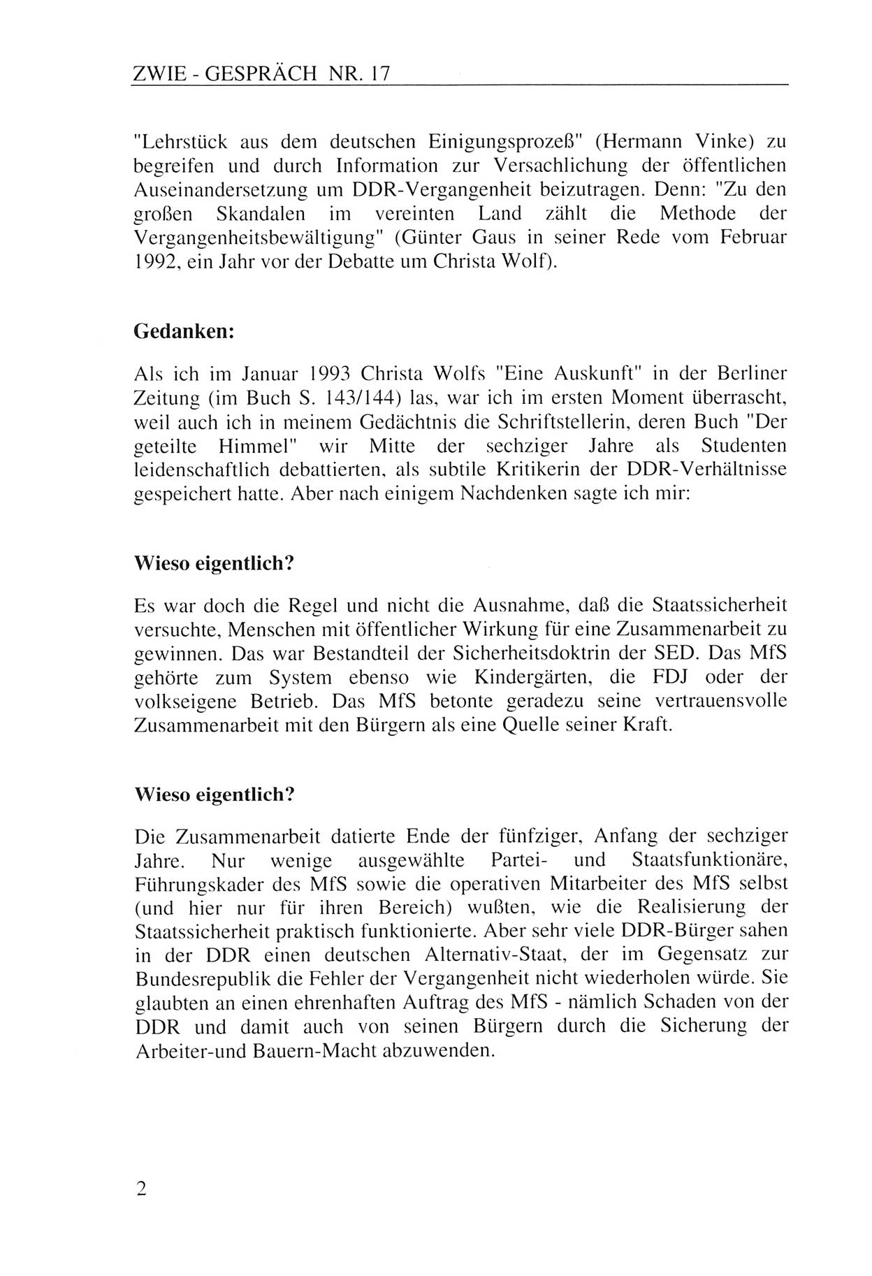 Zwie-Gespräch, Beiträge zur Aufarbeitung der Staatssicherheits-Vergangenheit [Deutsche Demokratische Republik (DDR)], Ausgabe Nr. 17, Berlin 1993, Seite 2 (Zwie-Gespr. Ausg. 17 1993, S. 2)