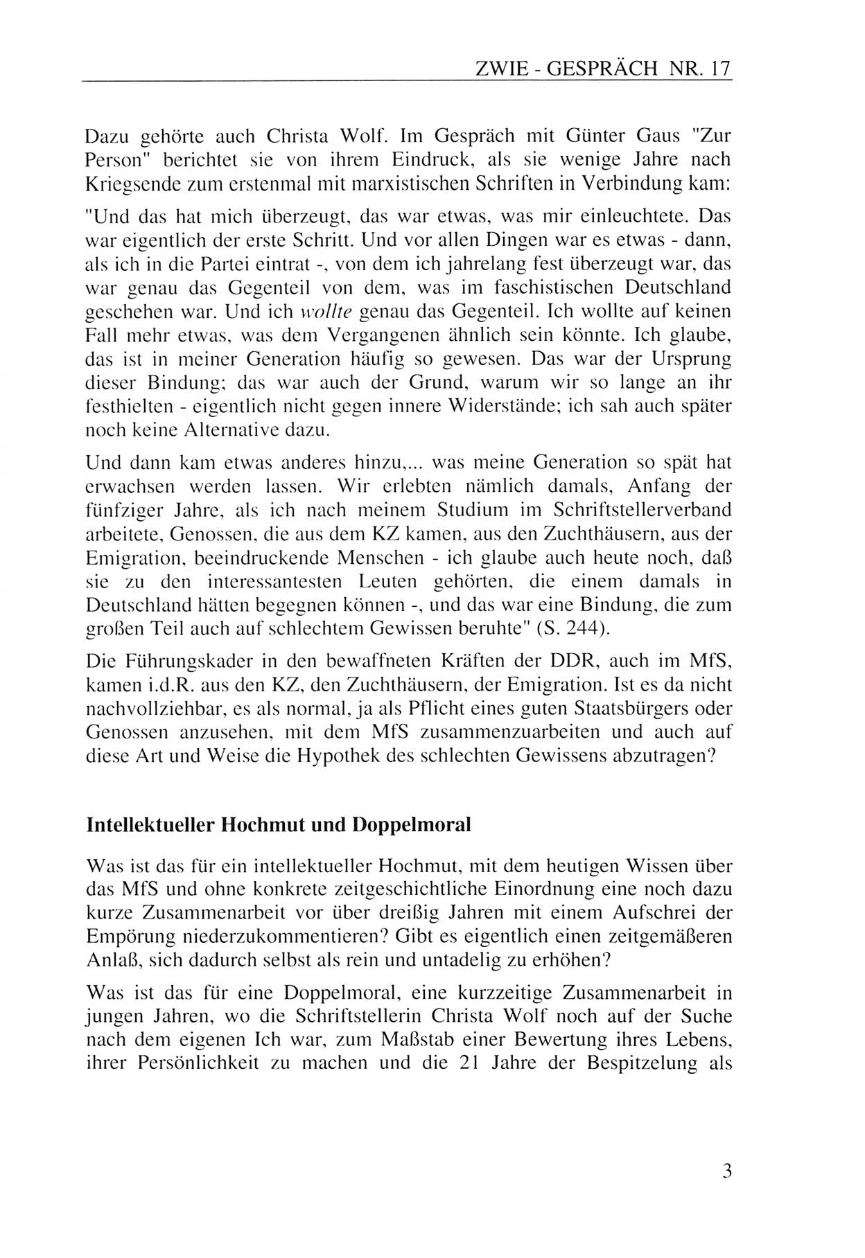 Zwie-Gespräch, Beiträge zur Aufarbeitung der Staatssicherheits-Vergangenheit [Deutsche Demokratische Republik (DDR)], Ausgabe Nr. 17, Berlin 1993, Seite 3 (Zwie-Gespr. Ausg. 17 1993, S. 3)
