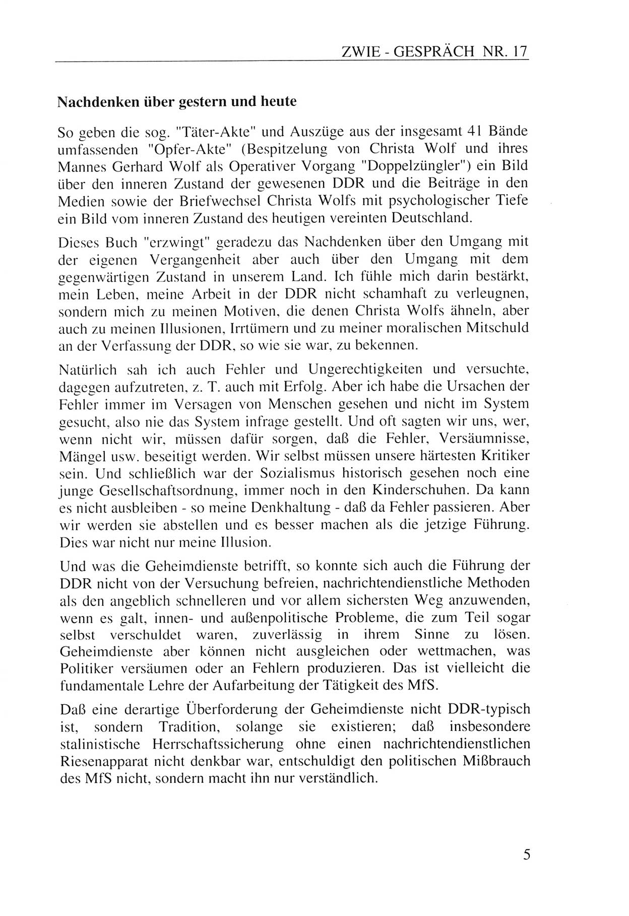 Zwie-Gespräch, Beiträge zur Aufarbeitung der Staatssicherheits-Vergangenheit [Deutsche Demokratische Republik (DDR)], Ausgabe Nr. 17, Berlin 1993, Seite 5 (Zwie-Gespr. Ausg. 17 1993, S. 5)