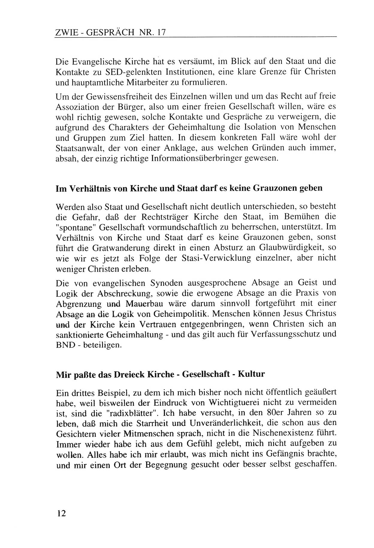 Zwie-Gespräch, Beiträge zur Aufarbeitung der Staatssicherheits-Vergangenheit [Deutsche Demokratische Republik (DDR)], Ausgabe Nr. 17, Berlin 1993, Seite 12 (Zwie-Gespr. Ausg. 17 1993, S. 12)