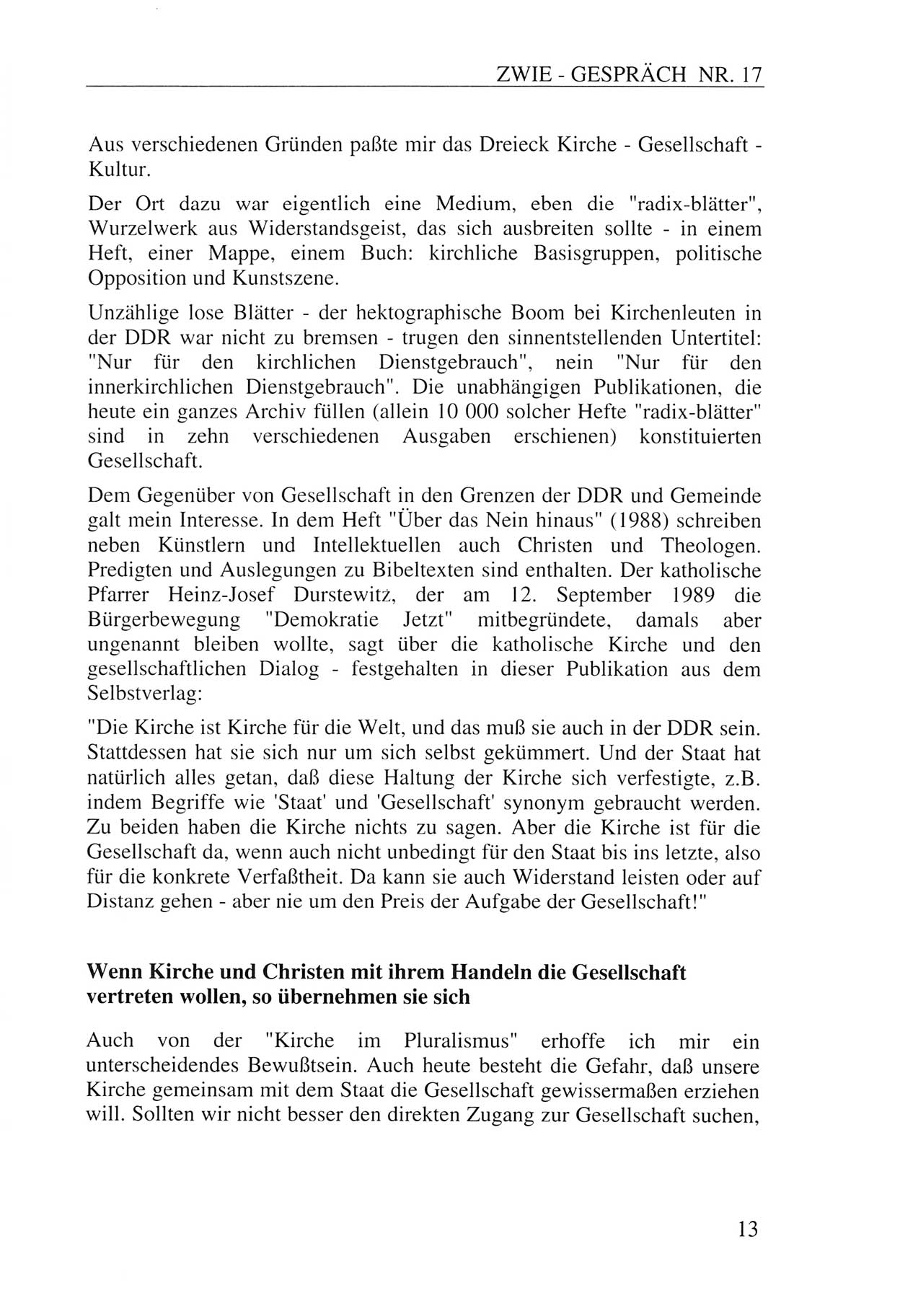 Zwie-Gespräch, Beiträge zur Aufarbeitung der Staatssicherheits-Vergangenheit [Deutsche Demokratische Republik (DDR)], Ausgabe Nr. 17, Berlin 1993, Seite 13 (Zwie-Gespr. Ausg. 17 1993, S. 13)