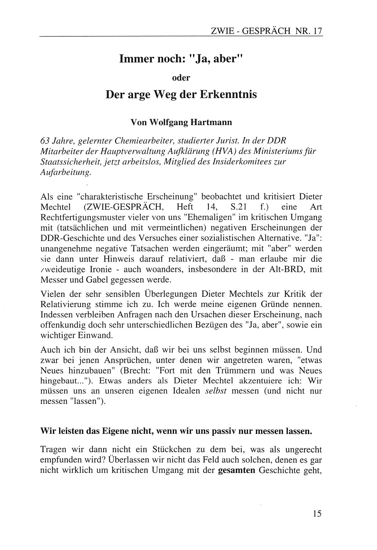 Zwie-Gespräch, Beiträge zur Aufarbeitung der Staatssicherheits-Vergangenheit [Deutsche Demokratische Republik (DDR)], Ausgabe Nr. 17, Berlin 1993, Seite 15 (Zwie-Gespr. Ausg. 17 1993, S. 15)
