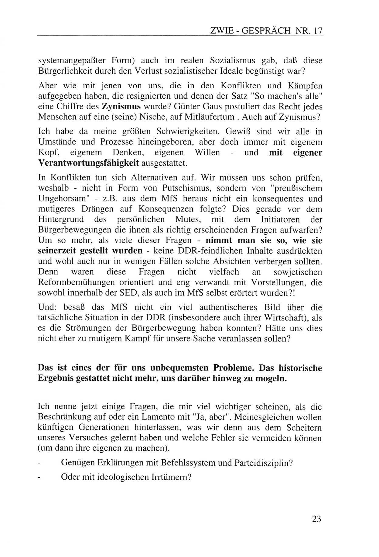 Zwie-Gespräch, Beiträge zur Aufarbeitung der Staatssicherheits-Vergangenheit [Deutsche Demokratische Republik (DDR)], Ausgabe Nr. 17, Berlin 1993, Seite 23 (Zwie-Gespr. Ausg. 17 1993, S. 23)