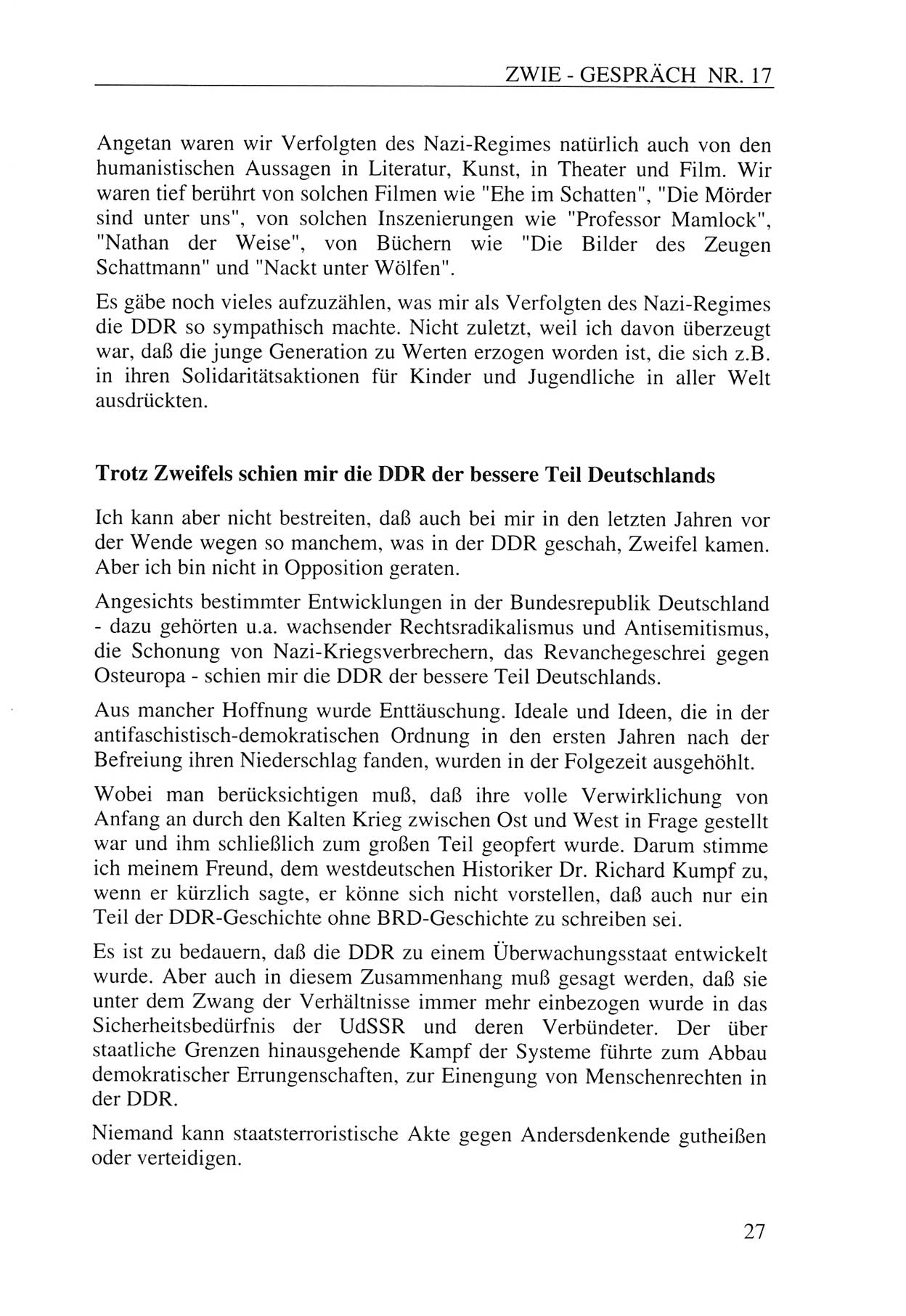 Zwie-Gespräch, Beiträge zur Aufarbeitung der Staatssicherheits-Vergangenheit [Deutsche Demokratische Republik (DDR)], Ausgabe Nr. 17, Berlin 1993, Seite 27 (Zwie-Gespr. Ausg. 17 1993, S. 27)