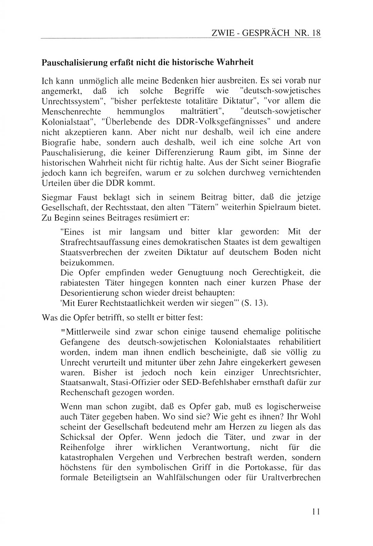 Zwie-Gespräch, Beiträge zur Aufarbeitung der Staatssicherheits-Vergangenheit [Deutsche Demokratische Republik (DDR)], Ausgabe Nr. 18, Berlin 1993, Seite 11 (Zwie-Gespr. Ausg. 18 1993, S. 11)