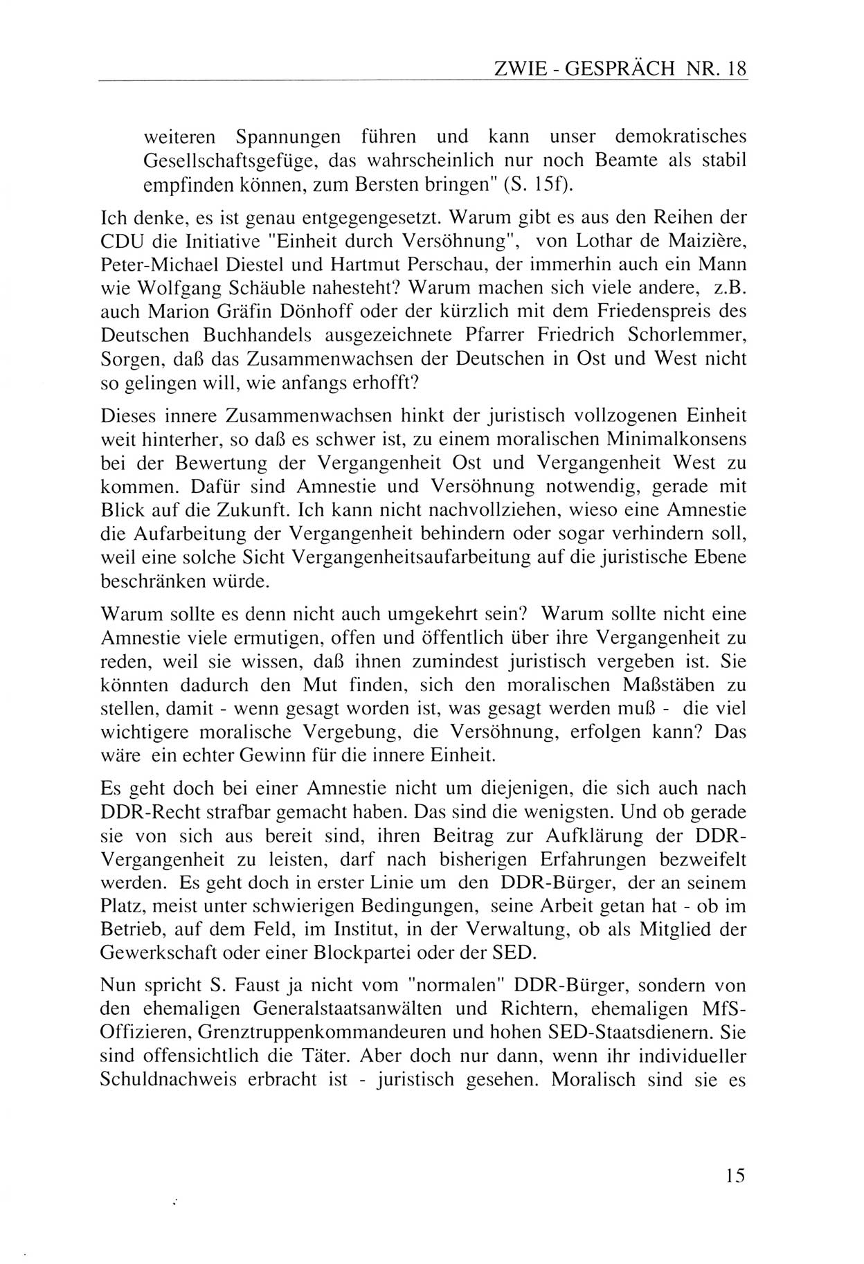 Zwie-Gespräch, Beiträge zur Aufarbeitung der Staatssicherheits-Vergangenheit [Deutsche Demokratische Republik (DDR)], Ausgabe Nr. 18, Berlin 1993, Seite 15 (Zwie-Gespr. Ausg. 18 1993, S. 15)