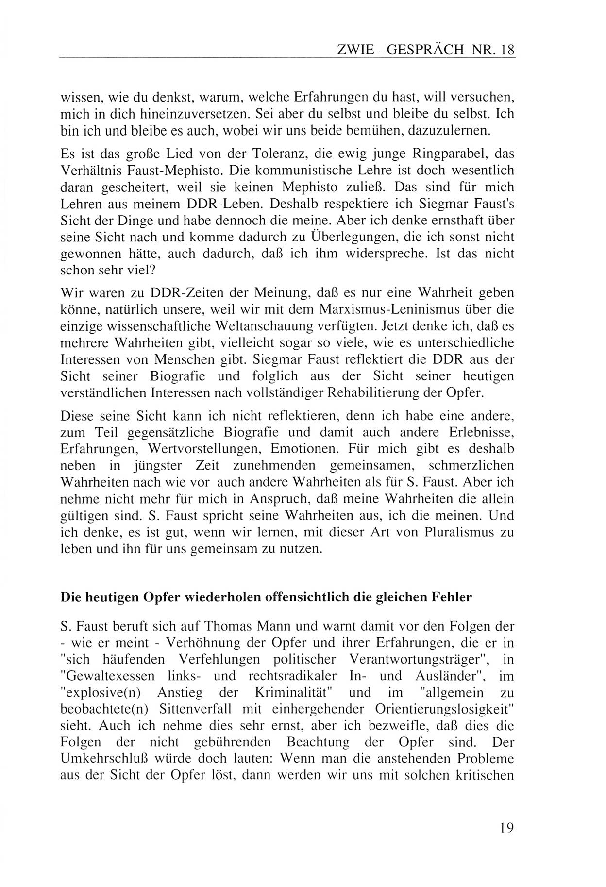 Zwie-Gespräch, Beiträge zur Aufarbeitung der Staatssicherheits-Vergangenheit [Deutsche Demokratische Republik (DDR)], Ausgabe Nr. 18, Berlin 1993, Seite 19 (Zwie-Gespr. Ausg. 18 1993, S. 19)