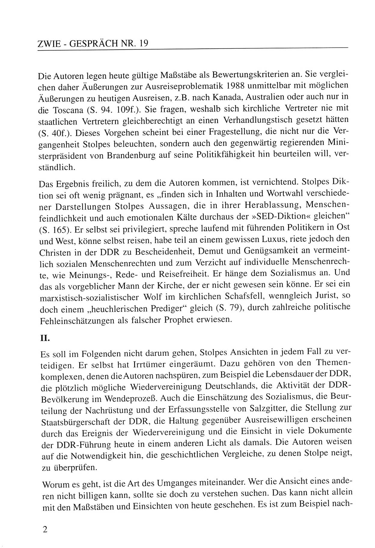 Zwie-Gespräch, Beiträge zum Umgang mit der Staatssicherheits-Vergangenheit [Deutsche Demokratische Republik (DDR)], Ausgabe Nr. 19, Berlin 1994, Seite 2 (Zwie-Gespr. Ausg. 19 1994, S. 2)
