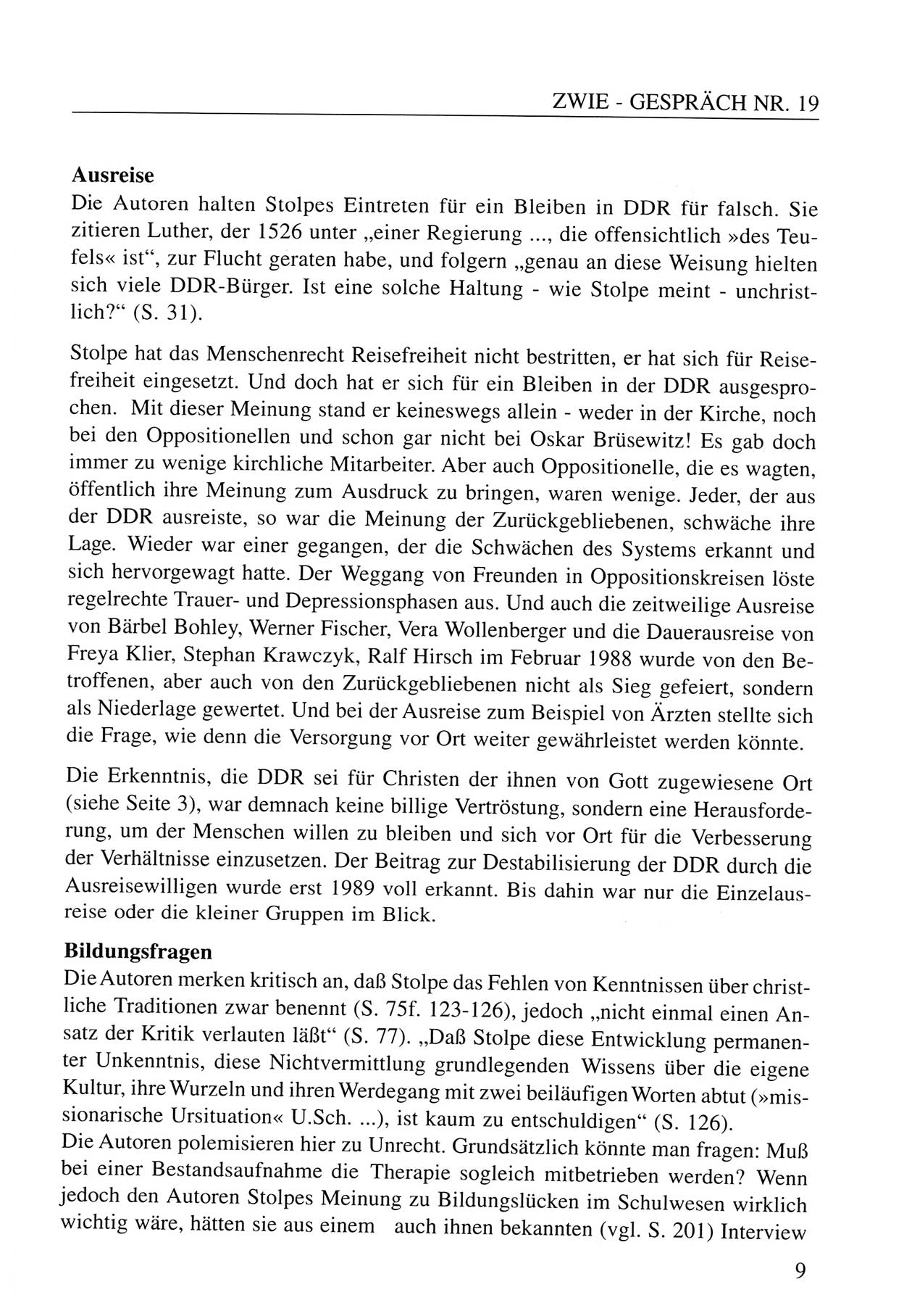 Zwie-Gespräch, Beiträge zum Umgang mit der Staatssicherheits-Vergangenheit [Deutsche Demokratische Republik (DDR)], Ausgabe Nr. 19, Berlin 1994, Seite 9 (Zwie-Gespr. Ausg. 19 1994, S. 9)