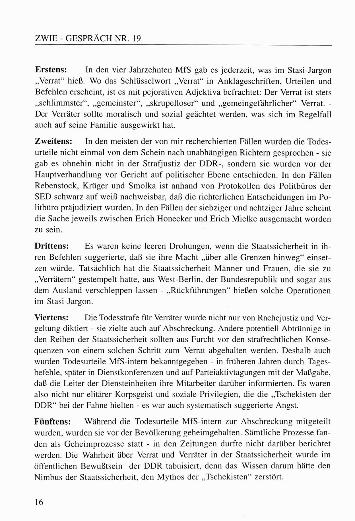 Zwie-Gespräch, Beiträge zum Umgang mit der Staatssicherheits-Vergangenheit [Deutsche Demokratische Republik (DDR)], Ausgabe Nr. 19, Berlin 1994, Seite 16 (Zwie-Gespr. Ausg. 19 1994, S. 16)