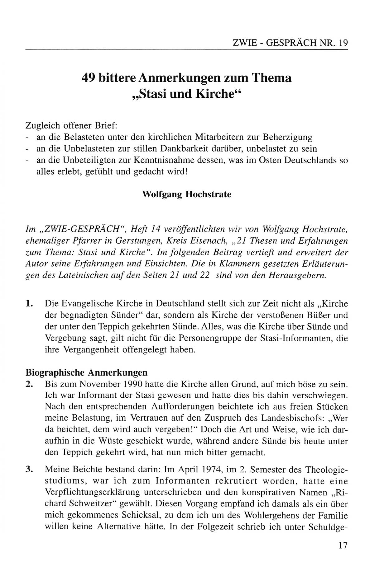 Zwie-Gespräch, Beiträge zum Umgang mit der Staatssicherheits-Vergangenheit [Deutsche Demokratische Republik (DDR)], Ausgabe Nr. 19, Berlin 1994, Seite 17 (Zwie-Gespr. Ausg. 19 1994, S. 17)