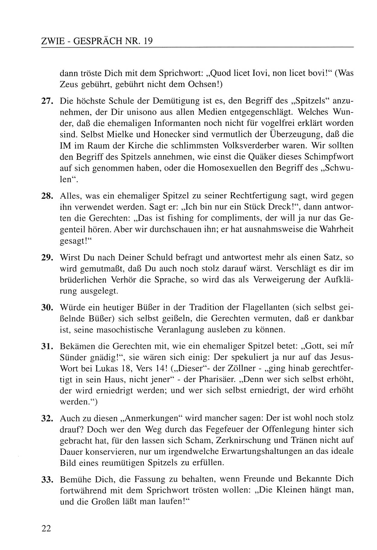 Zwie-Gespräch, Beiträge zum Umgang mit der Staatssicherheits-Vergangenheit [Deutsche Demokratische Republik (DDR)], Ausgabe Nr. 19, Berlin 1994, Seite 22 (Zwie-Gespr. Ausg. 19 1994, S. 22)