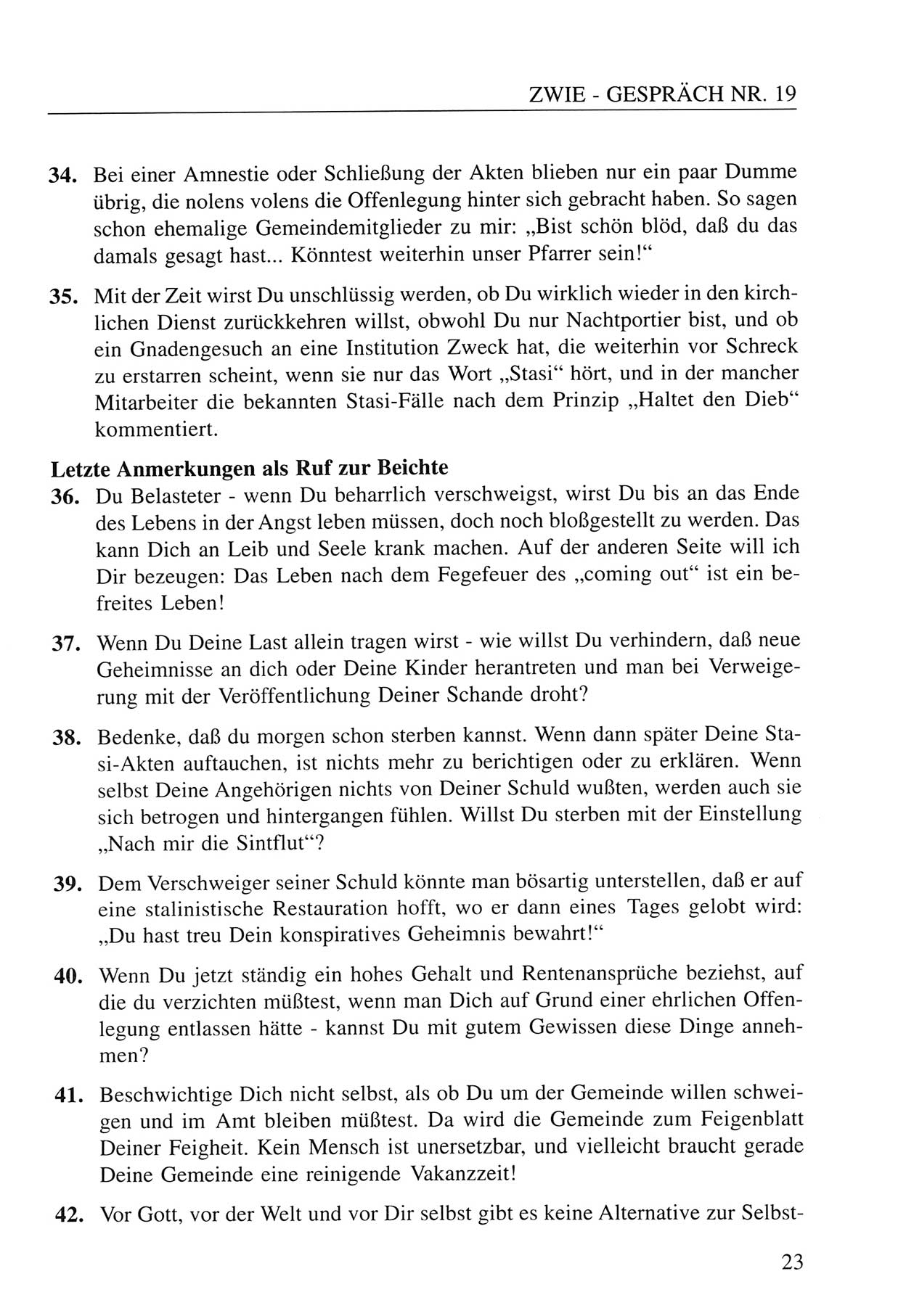 Zwie-GesprÃ¤ch, BeitrÃ¤ge zum Umgang mit der Staatssicherheits-Vergangenheit [Deutsche Demokratische Republik (DDR)], Ausgabe Nr. 19, Berlin 1994, Seite 23 (Zwie-Gespr. Ausg. 19 1994, S. 23)