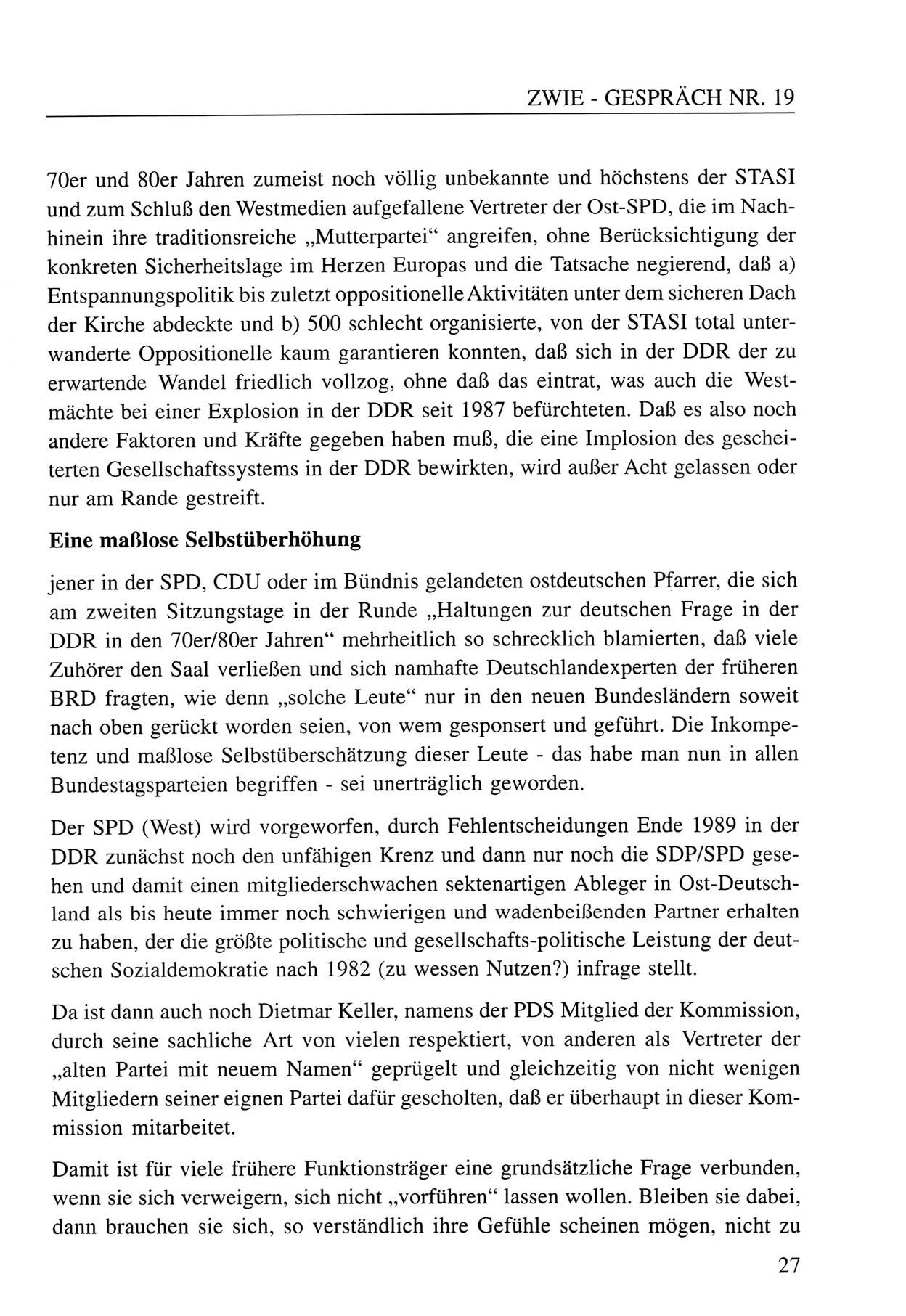 Zwie-Gespräch, Beiträge zum Umgang mit der Staatssicherheits-Vergangenheit [Deutsche Demokratische Republik (DDR)], Ausgabe Nr. 19, Berlin 1994, Seite 27 (Zwie-Gespr. Ausg. 19 1994, S. 27)