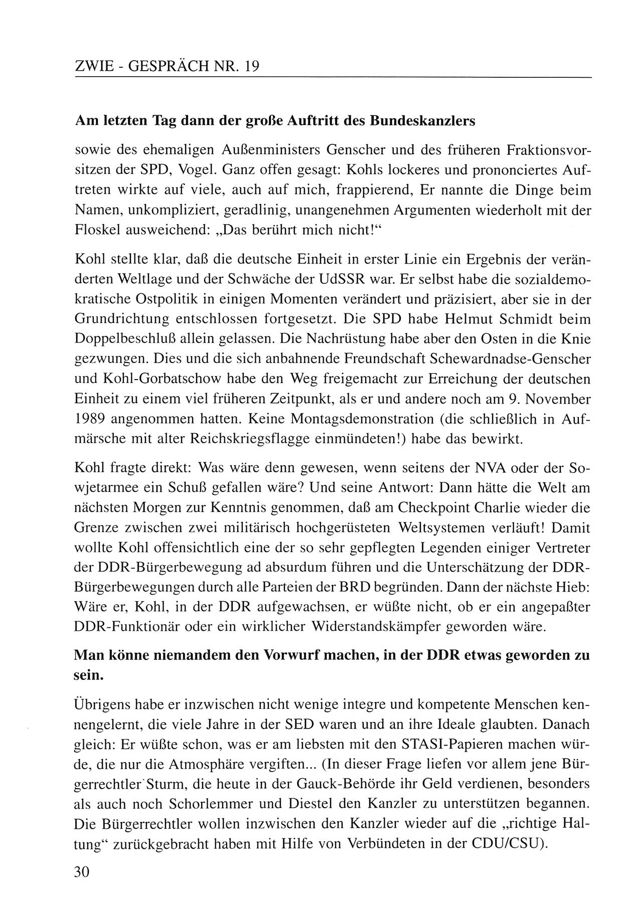 Zwie-Gespräch, Beiträge zum Umgang mit der Staatssicherheits-Vergangenheit [Deutsche Demokratische Republik (DDR)], Ausgabe Nr. 19, Berlin 1994, Seite 30 (Zwie-Gespr. Ausg. 19 1994, S. 30)