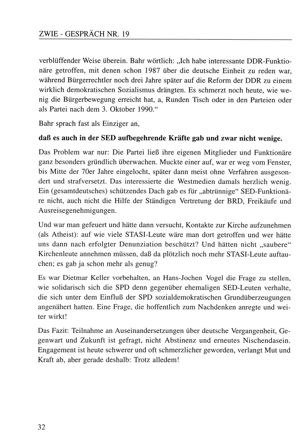 Zwie-Gespräch, Beiträge zum Umgang mit der Staatssicherheits-Vergangenheit [Deutsche Demokratische Republik (DDR)], Ausgabe Nr. 19, Berlin 1994, Seite 32 (Zwie-Gespr. Ausg. 19 1994, S. 32)