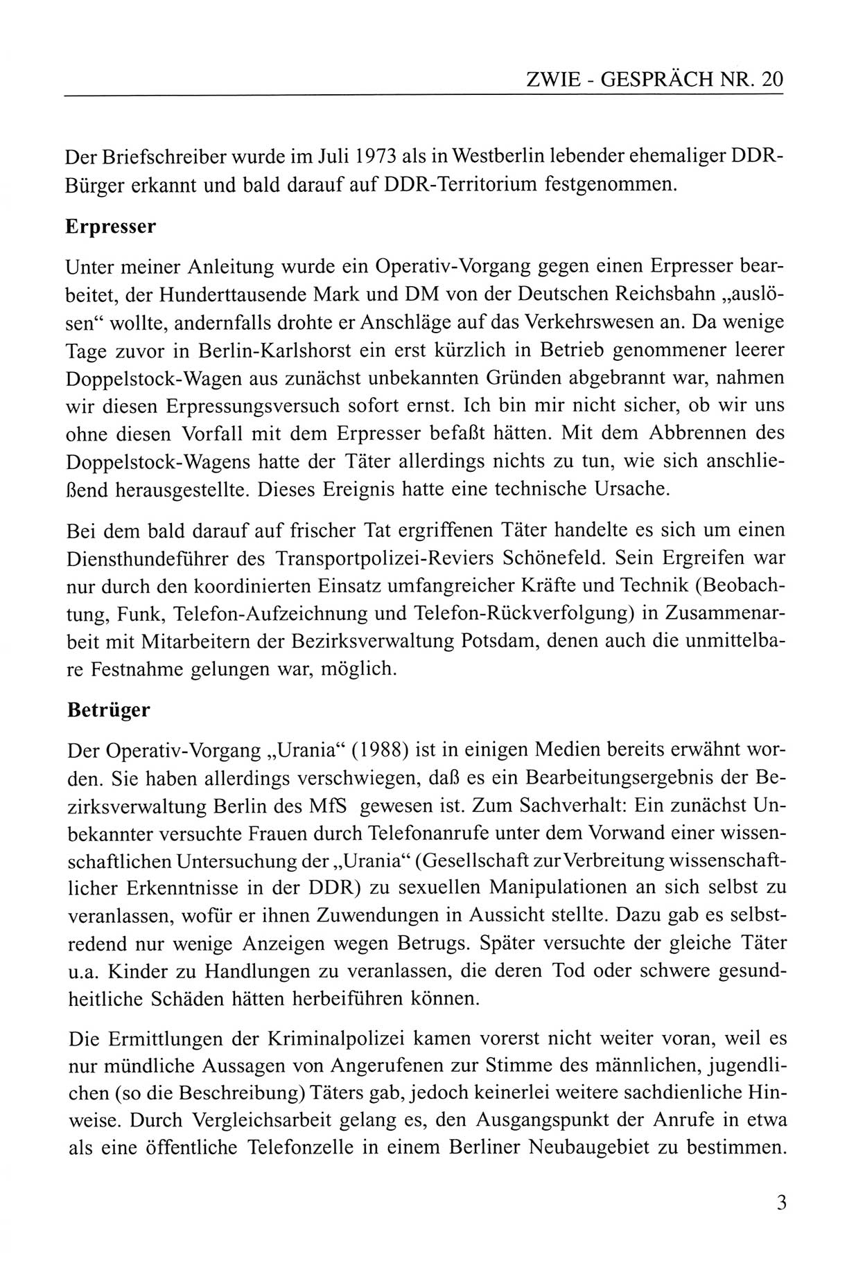 Zwie-Gespräch, Beiträge zum Umgang mit der Staatssicherheits-Vergangenheit [Deutsche Demokratische Republik (DDR)], Ausgabe Nr. 20, Berlin 1994, Seite 3 (Zwie-Gespr. Ausg. 20 1994, S. 3)