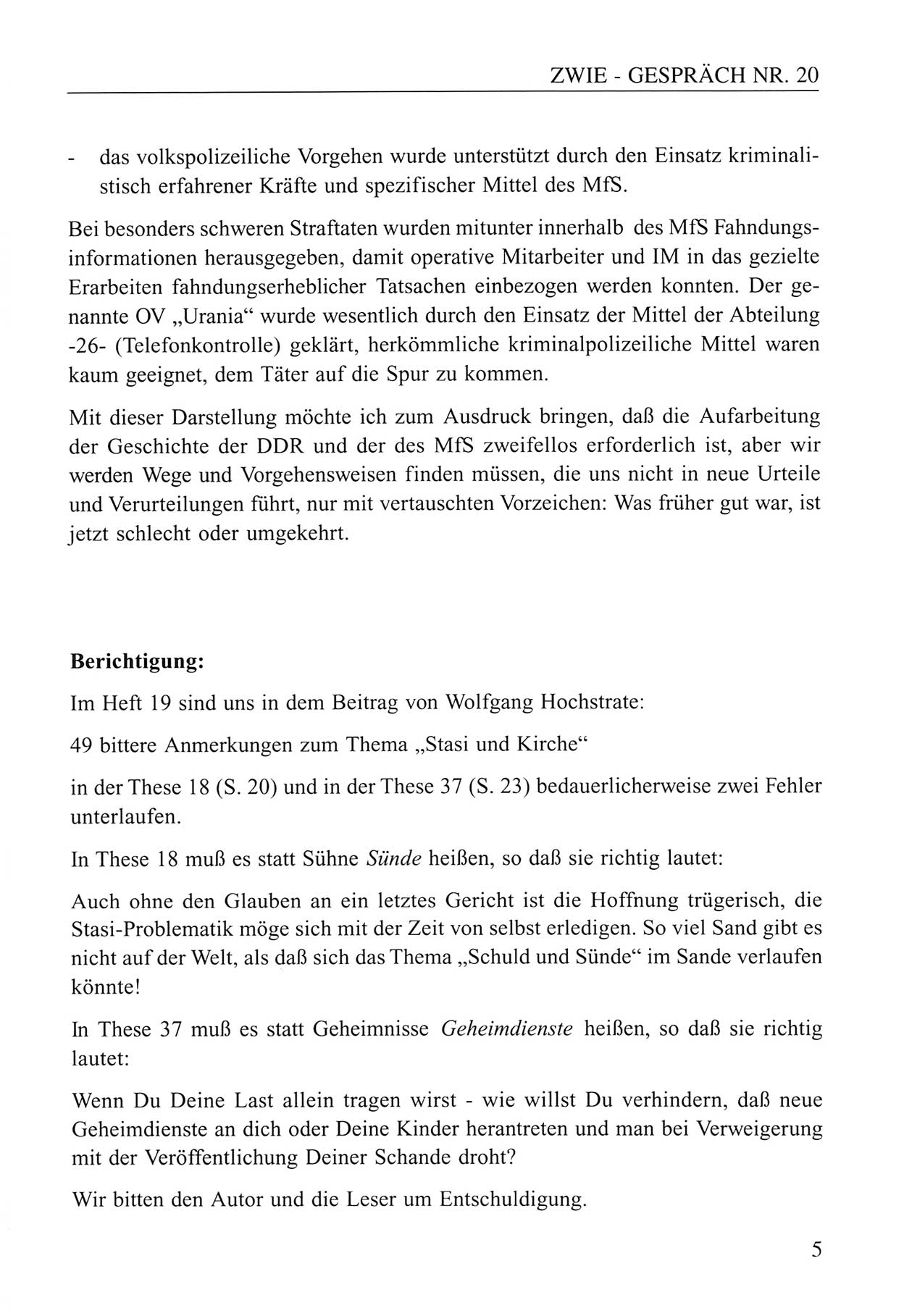 Zwie-Gespräch, Beiträge zum Umgang mit der Staatssicherheits-Vergangenheit [Deutsche Demokratische Republik (DDR)], Ausgabe Nr. 20, Berlin 1994, Seite 5 (Zwie-Gespr. Ausg. 20 1994, S. 5)